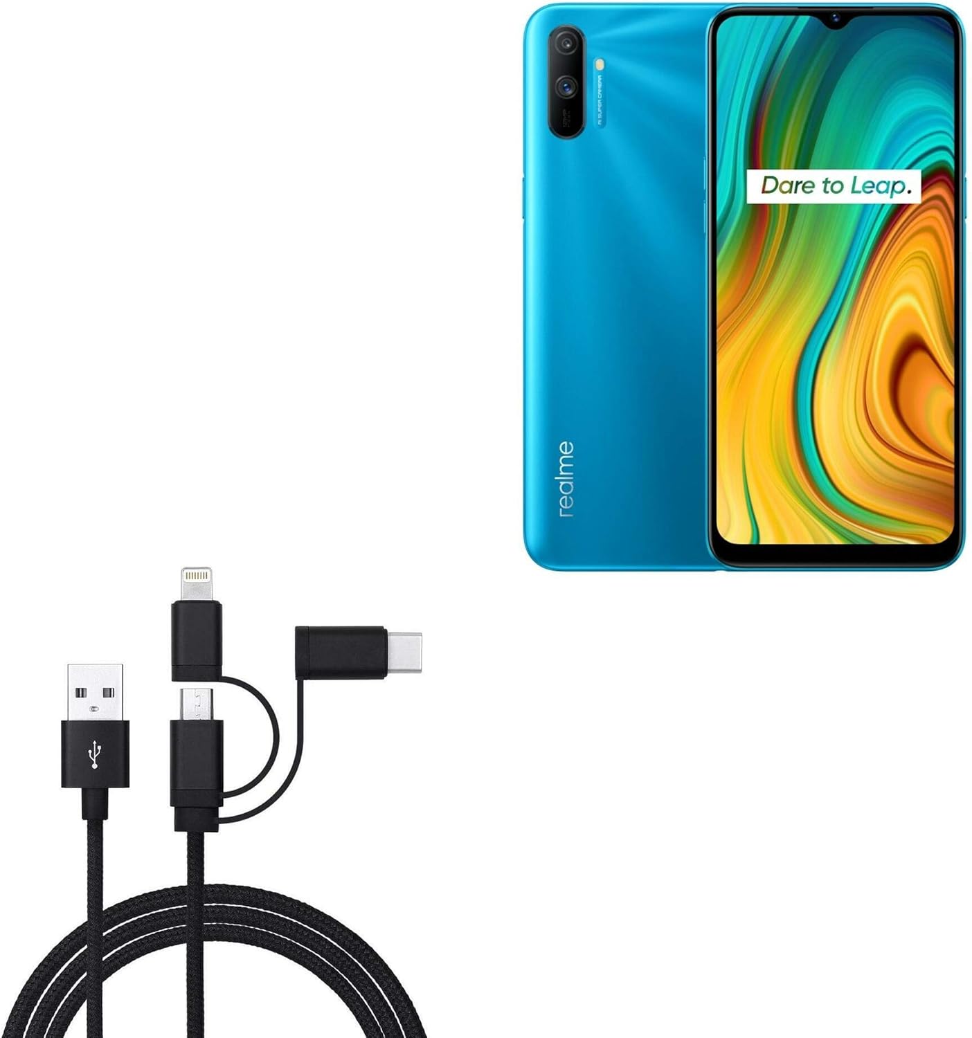BoxWave Cable Compatible with Realme C3 - AllCharge 3-in-1 Cable - Jet Black