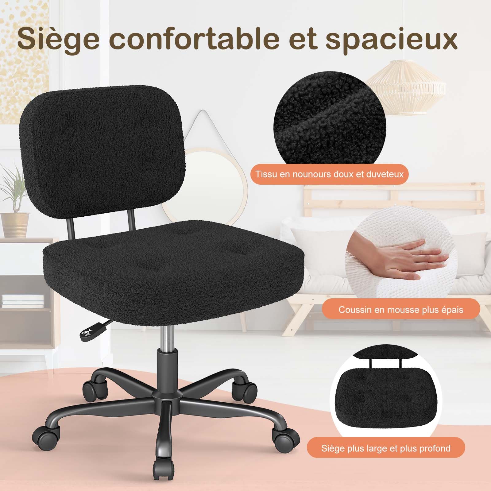 AnyGod Chaise de Bureau sans Accoudoirs en Polaire Teddy, Siège Pivotant Ergonomique Réglable en Hauteur avec roulettes, Petit Fauteuil pour Coiffeuse et Espaces Réduits, Noir