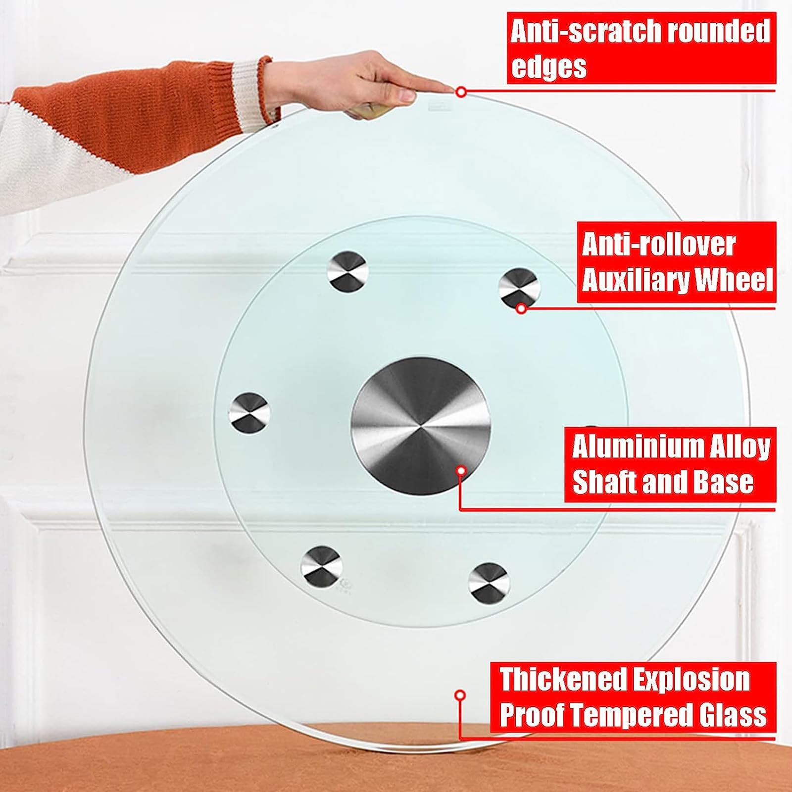 Plateau tournant Rond en Verre trempé Lazy Susan Table de Salle à Manger rotative à 360 ° Dessus de Table en Verre trempé Lazy Susan Plateau de Service Transparent avec 6 Roues Anti-basculem