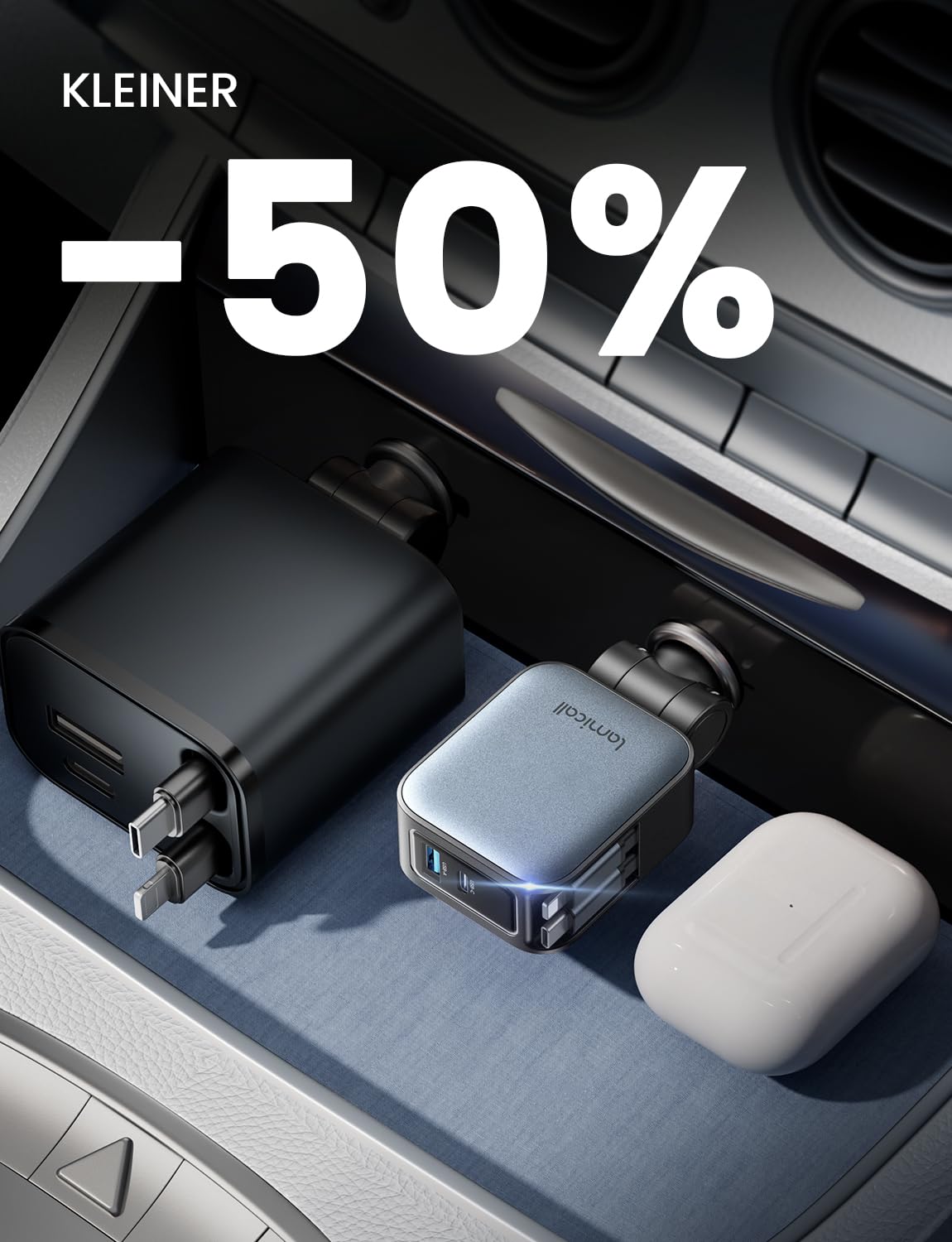 Lamicall 4 IN 1 Zigarettenanzünder USB C Auto Ladegerät - [2× Einziehbare Kabel] 75W USB Adapter Auto mit Typ-C Kabel/iPhone‑Kabel/USB C/USB A, 24/12V KFZ Ladegerät Schnellladegerät für iPhone/Samsung