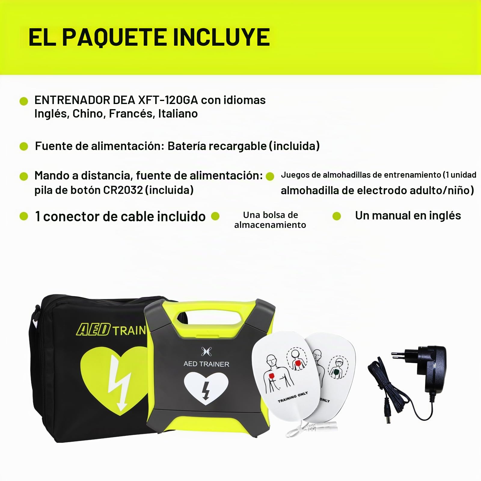 AED Trainer, Desfibrilador Entrenamiento Voz en Español, Italiano, Alemán, Francés, Mando a Distancia, Entrenamiento DESA con 8 Escenarios, Products de Formación Desfibrilador (XFT 120GA)