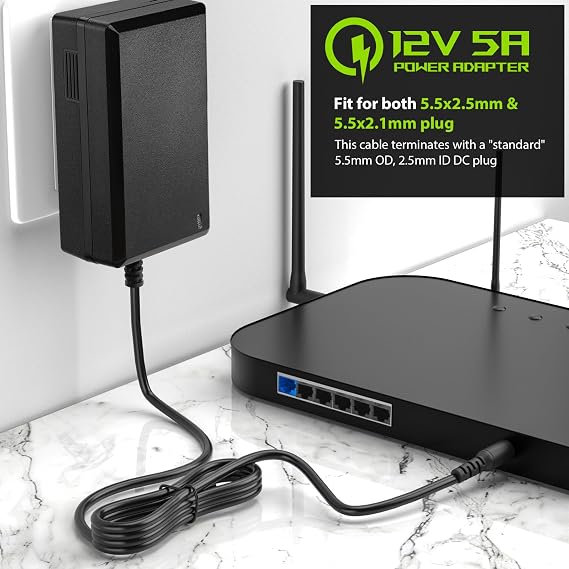 Facmogu 12V 5A 60W Power Supply Adapter, AC 100-240V to DC 12V Power Wall Adapter UK Plug, 60W 3-Pin UK Plug for LED Light Strip/Monitors/TV/CCTV/Amplifier/Cameras, 5.5 x 2.5mm & 5.5 x 2.1mm DC Jack