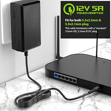 Facmogu 12V 5A 60W Power Supply Adapter, AC 100-240V to DC 12V Power Wall Adapter UK Plug, 60W 3-Pin UK Plug for LED Light Strip/Monitors/TV/CCTV/Amplifier/Cameras, 5.5 x 2.5mm & 5.5 x 2.1mm DC Jack