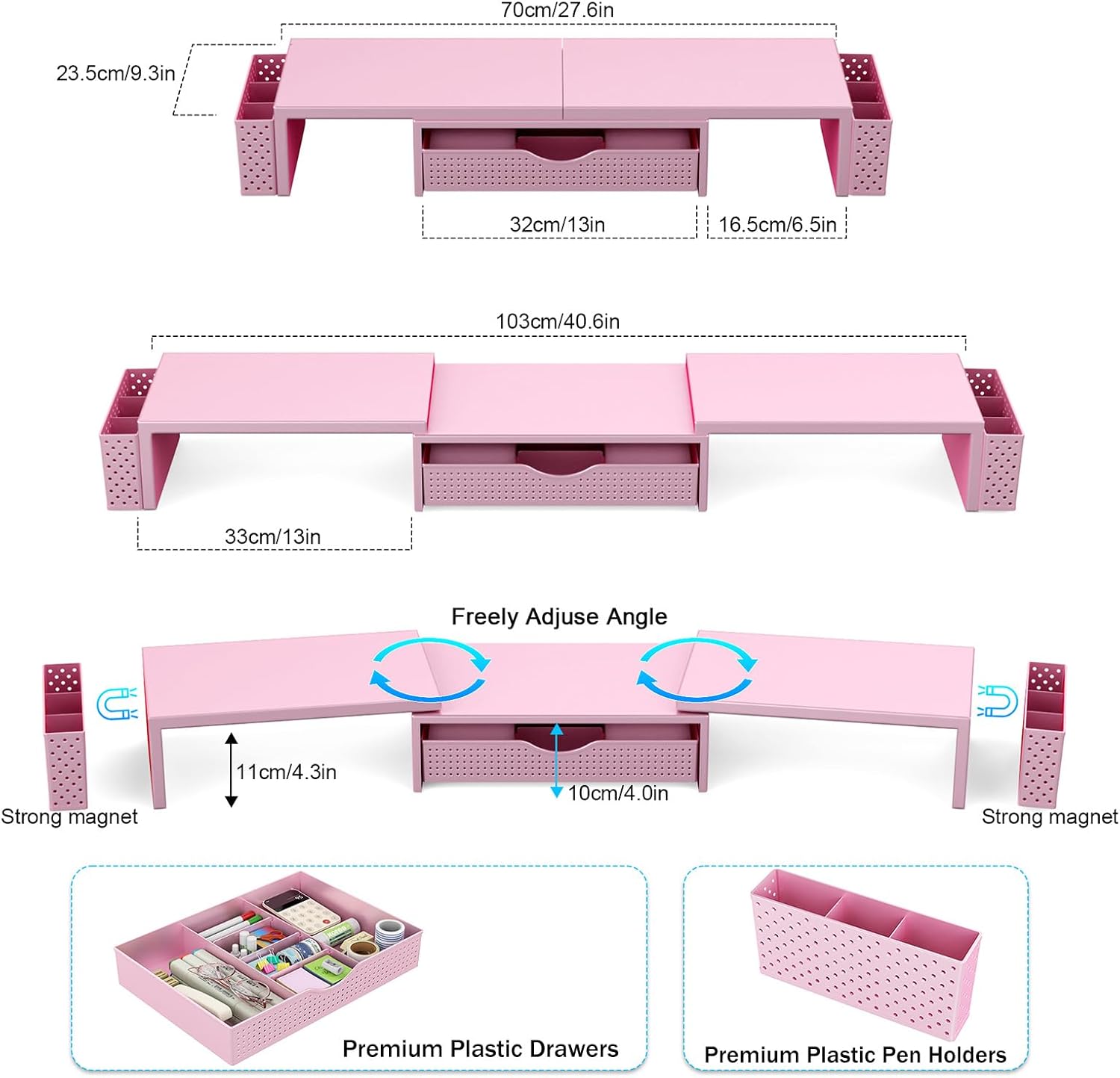Spacrea Metal Desk Organizers and Accessories, Dual Monitor Stand Riser with Drawer and 2 Pen Holders, Desk Accessories & Workspace Desktop Organizers for Office Supplies (Pink)