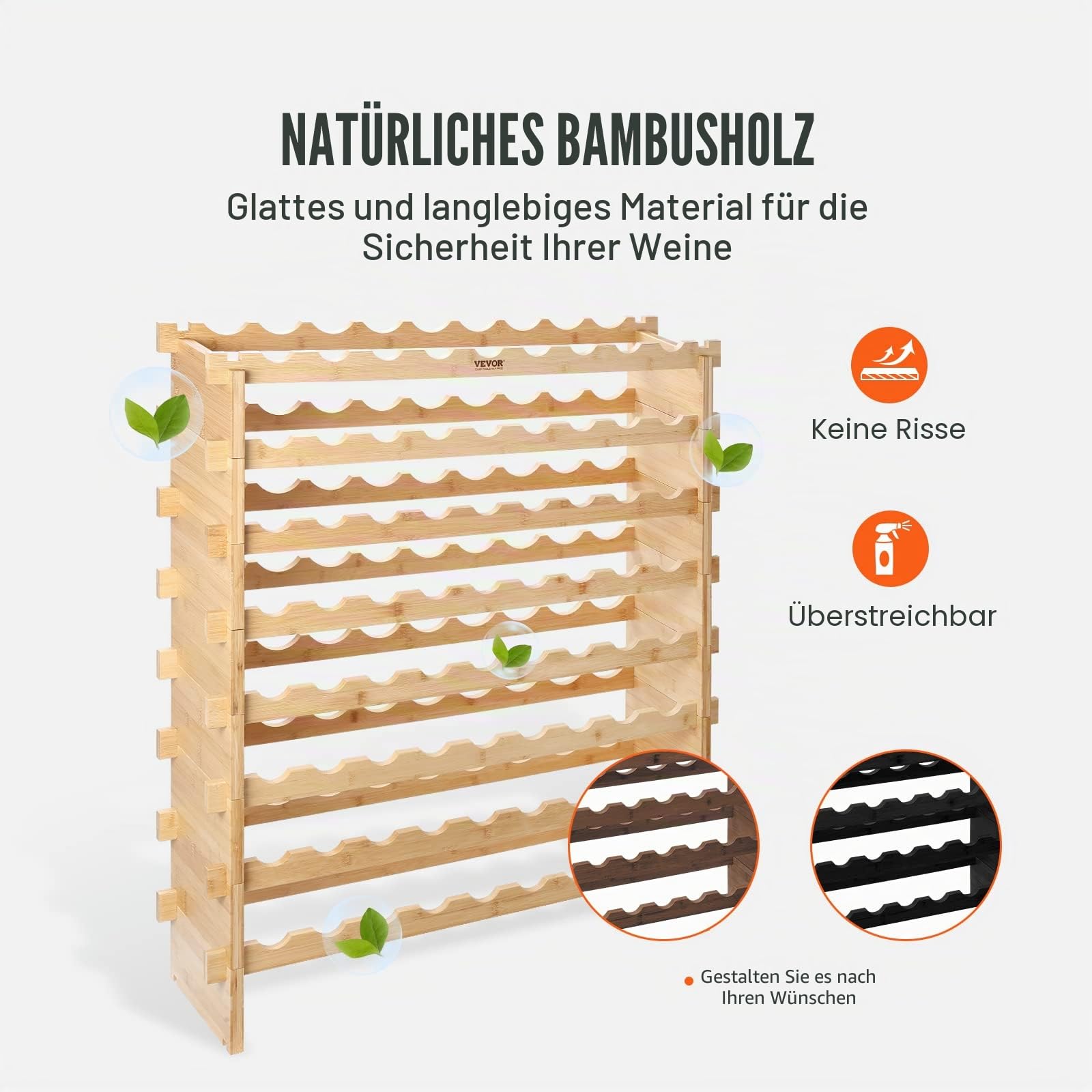 VEVOR Weinregal Weinständer für 72 Flaschen, BambusßFlaschenregal mit 8 Fächern, Stapelbar Vintage Weinständer Metall für Keller, Bar, Lagerraum usw. Flaschenhalter Weinflaschenregal 80 kg Belastbar