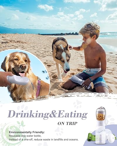 Miniatura 2 de Botella de agua para perros 3 en 1, botella de agua portátil a prueba de fugas para mascotas con contenedor de alimentos y dispensador de bolsas de