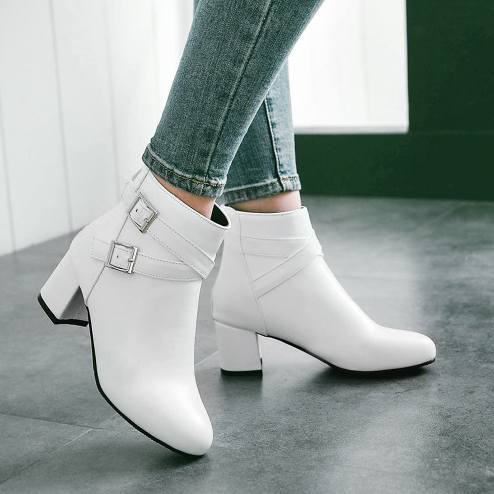Generisch Winter Damen Ankle Boots mit Dicker Ferse Gürtelschnalle mittlerem Absatz seitlichem Reißverschluss für kalte Tage