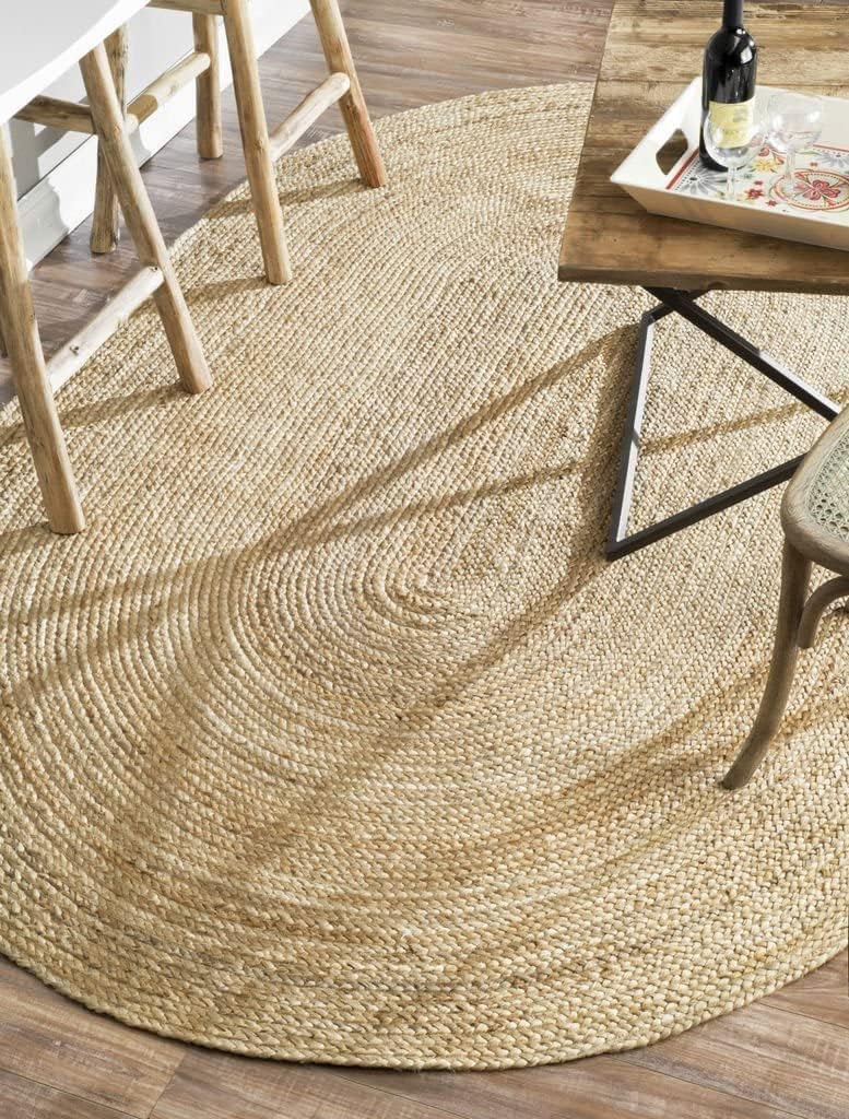 Area Rugs Indian Handmade Natural Handwoven Braided Jute Rug for Living Room, Bedroom (Off White, 2 ft x 2 ft Round Shape)