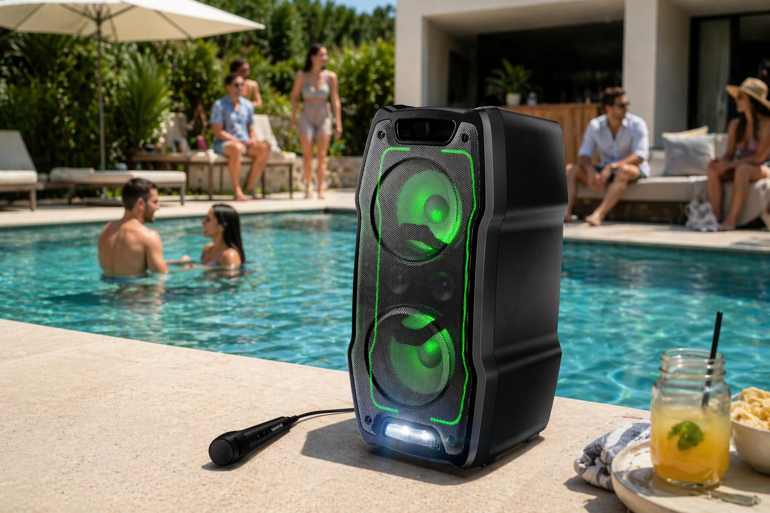 Sharp PS-931 Party Speaker, microfono, TWS, Bluetooth, 2xUSB, 2 porte da 6,3 mm per microfono e chitarra, luci multicolori, 180W P.maxima, batteria litio integrata con fino a 13 ore di riproduzione