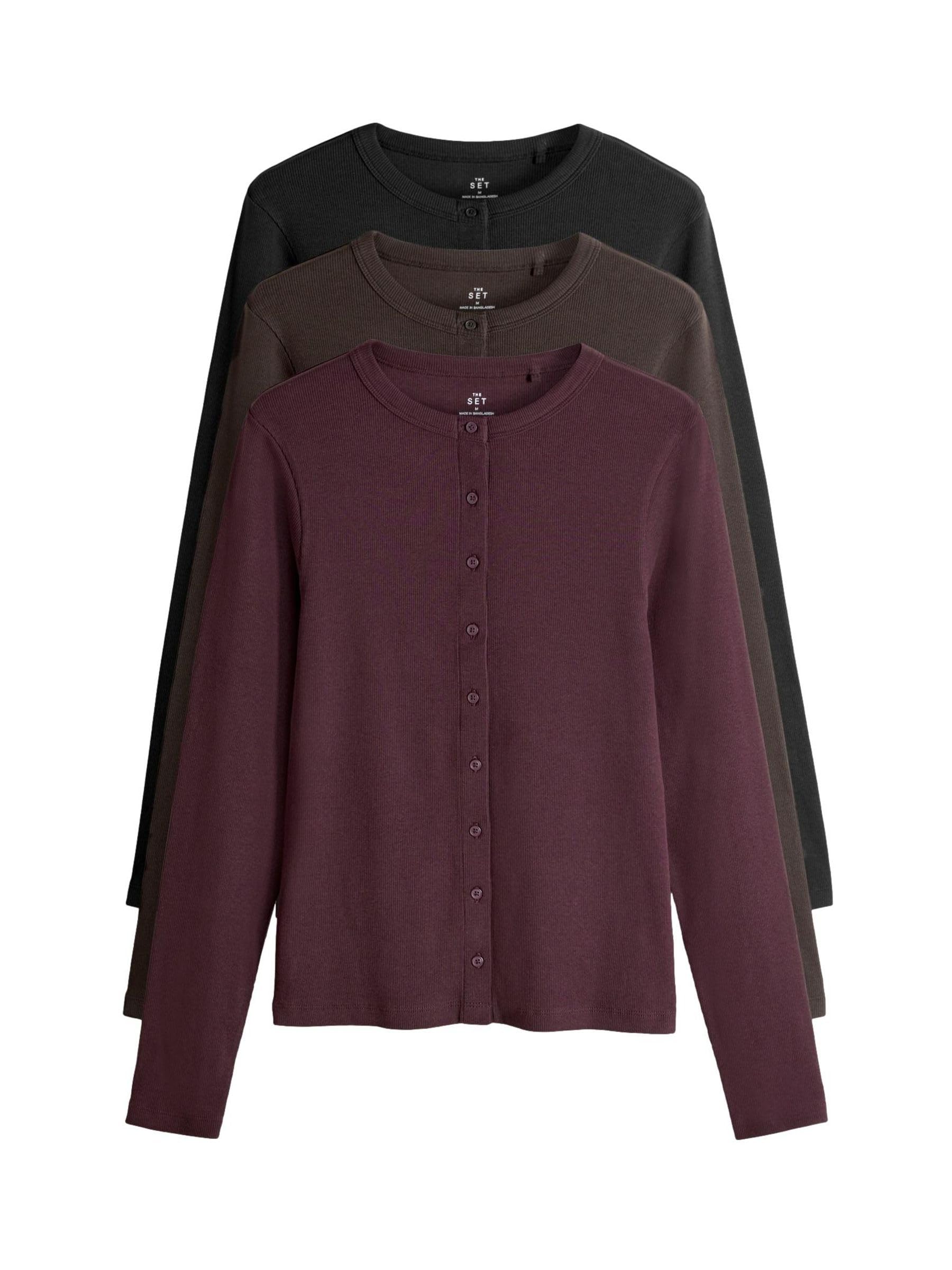 THE SET Femme T-Shirt côtelé boutonné à Manches Longues, Lot de 3 | Coupe standard