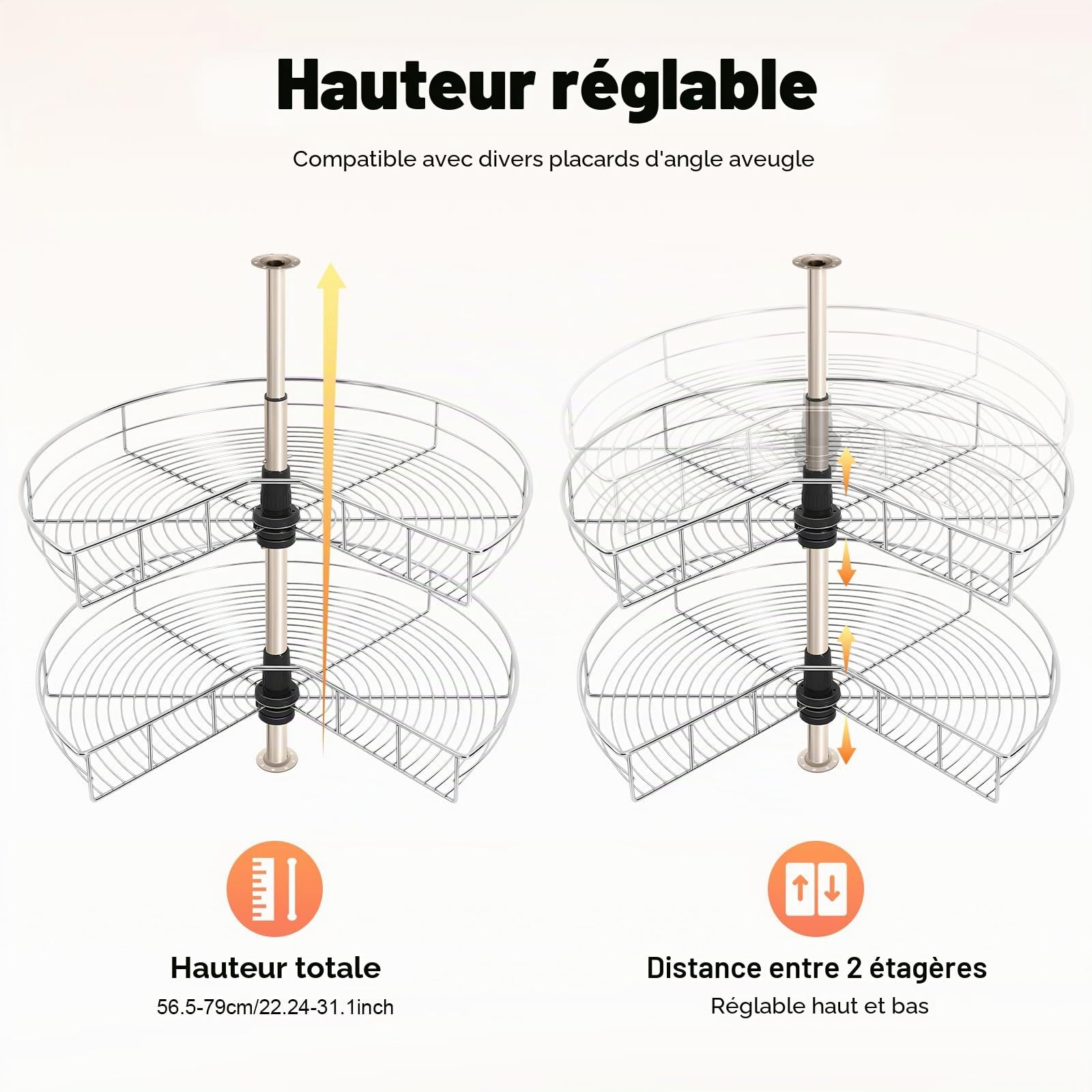 Carrousel - armoire d'angle de cuisine - Panier rotatif à 270° - Double couche - Hauteur réglable (54,4 à 77 cm) - Carrousel d'armoire pour cuisine