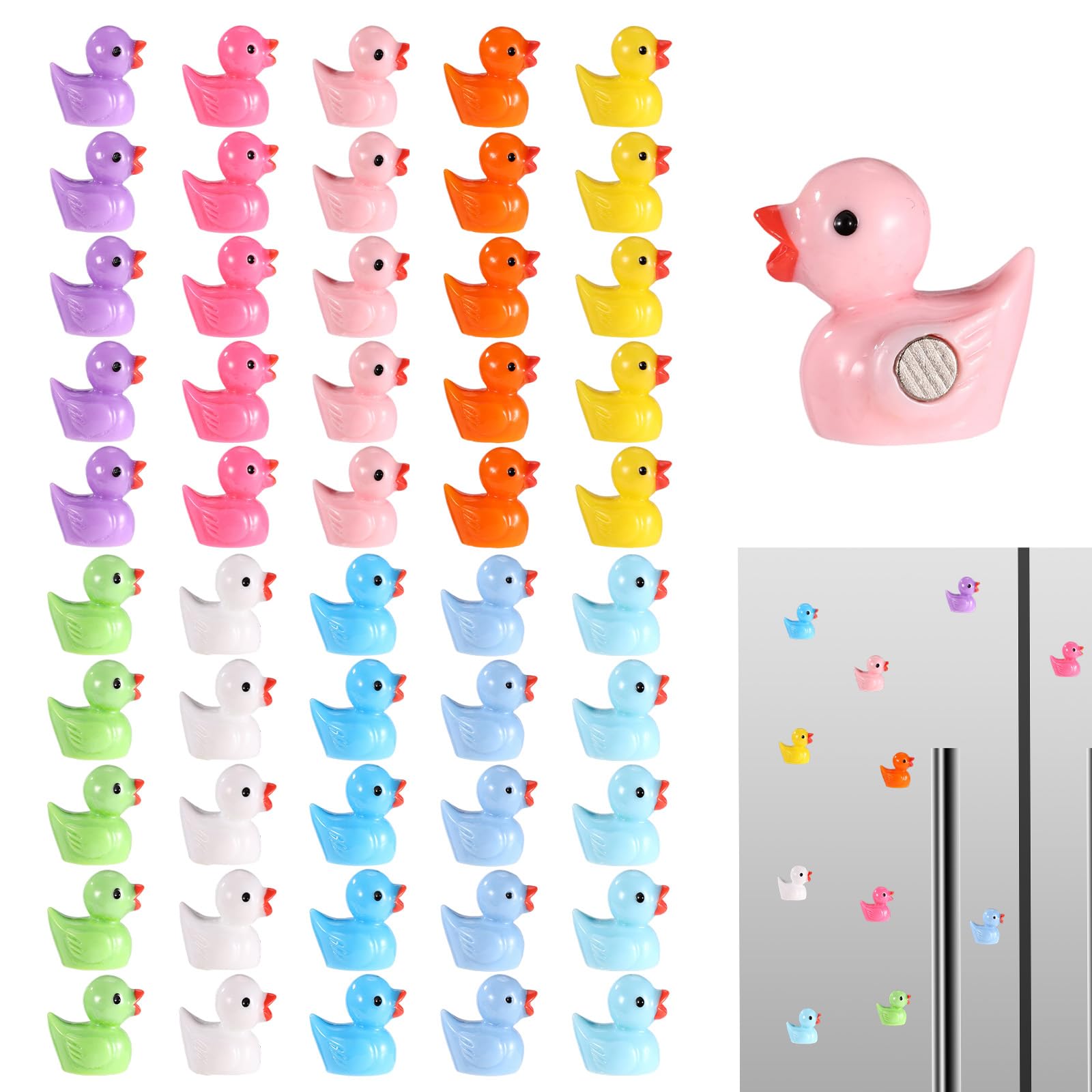 50pcs Mini Resin Duck Fridge Magnets, 10 Colors Cute Tiny Refrigerator Magnets Strong Magnetic Duck Decor for Kitchen Home Office Locker Bulletin Board (Solid Color Style)