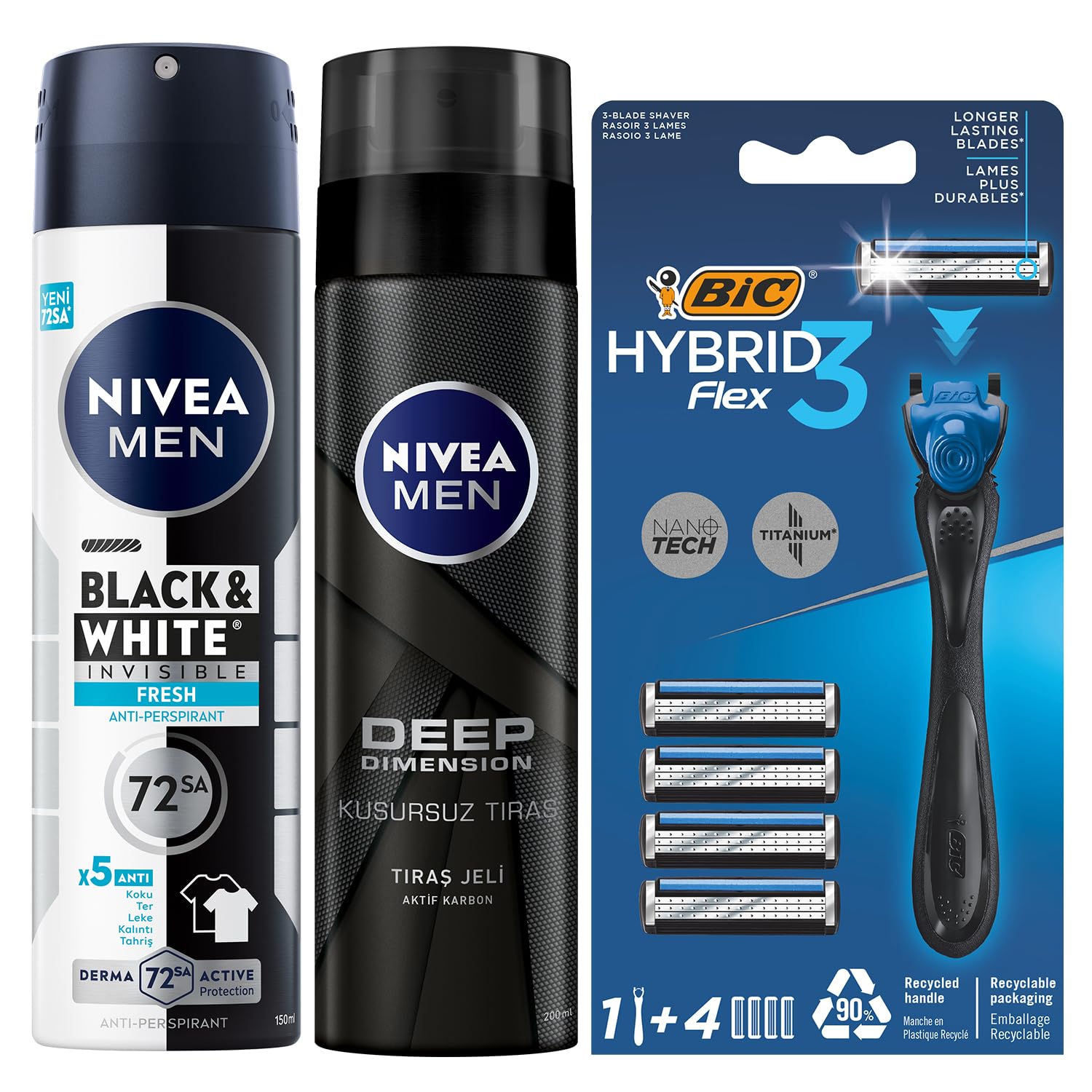 NIVEA MEN Erkek Sprey Deodorant Black&White Invisible Fresh 150 ml + Tıraş Jeli Deep Dimension 200ml + BIC Hybrid 3 Flex Erkek Tıraş Bıçağı 1 Sap ve 4 Yedek Başlık (3 Bıçak)