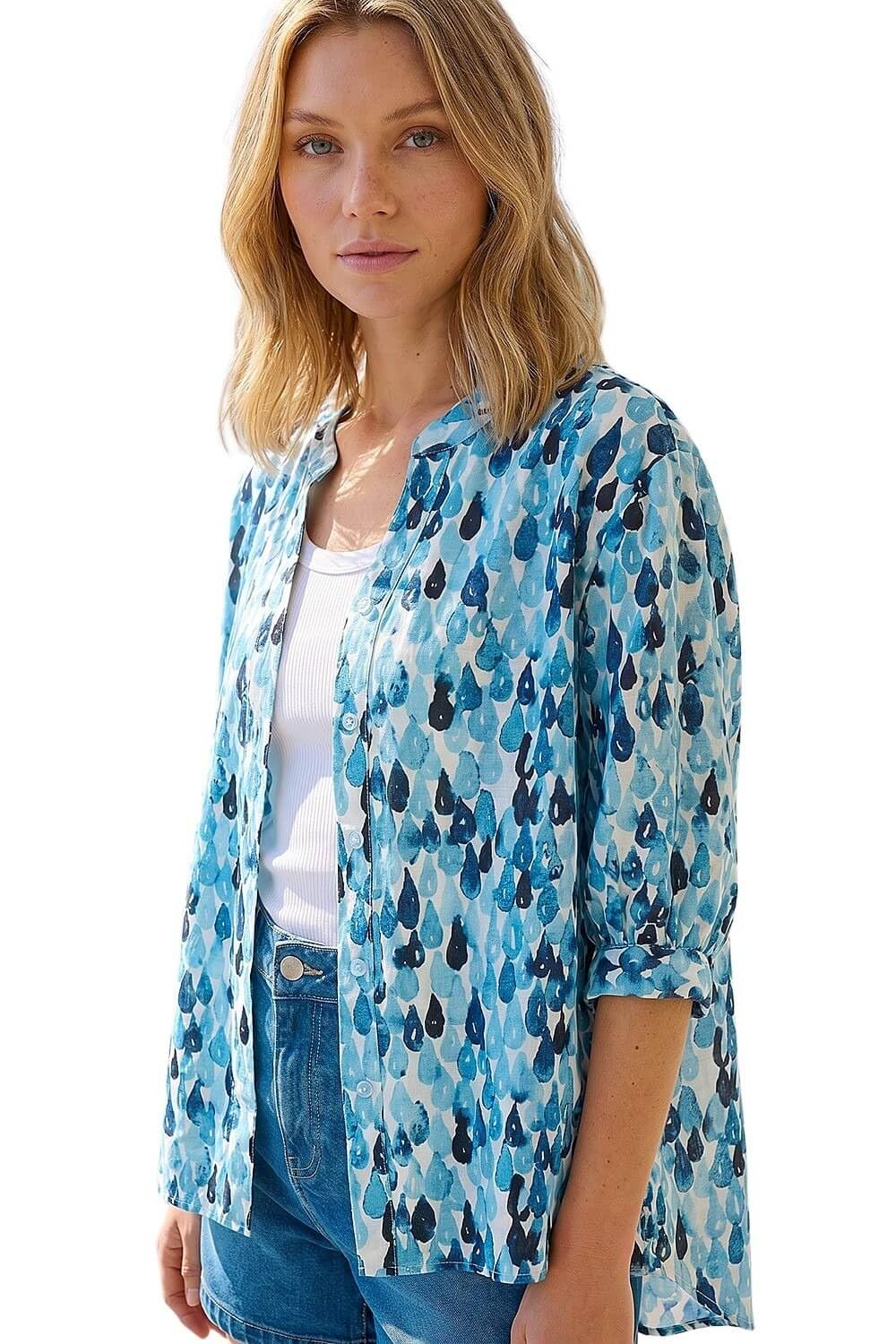 Roman Originals Shirt Top for Women UK Ladies Collarless Blouse Smart Tunic Button Through Longline Asymmetric Hem 3/4 Length Roll Up Sleeves V Neck Going Out