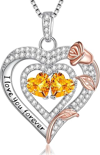 Valentines Day Gifts - Sterling Silver Rose Heart Birthstone Necklace Anniversary Birthday Christmas Mothers Day Gifts - Women Jewelry Gifts for