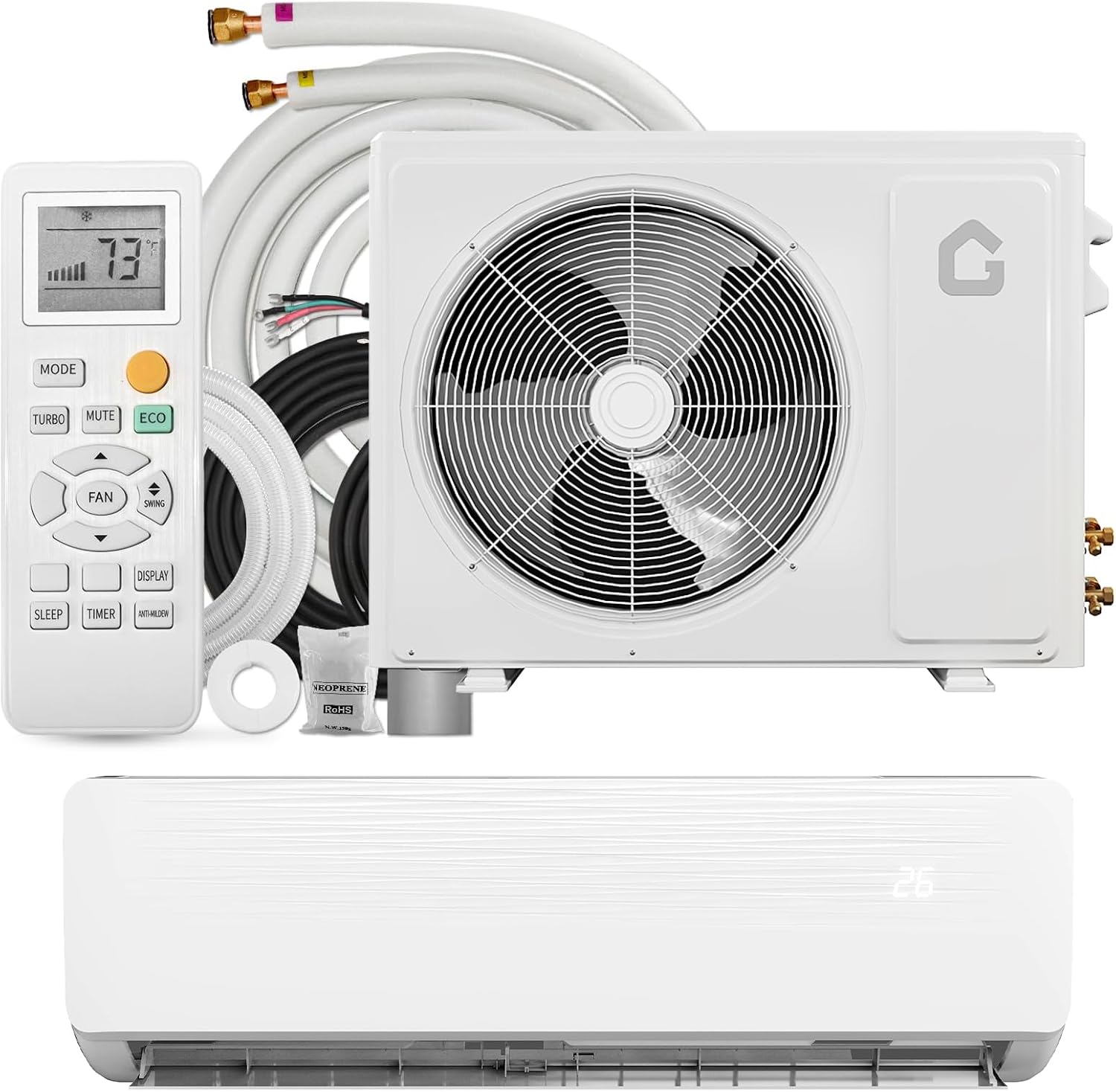 GarveeHome 12000 BTU Mini Split Air Conditioner Heat Pump System components including indoor unit, outdoor unit, remote control, and copper lines.