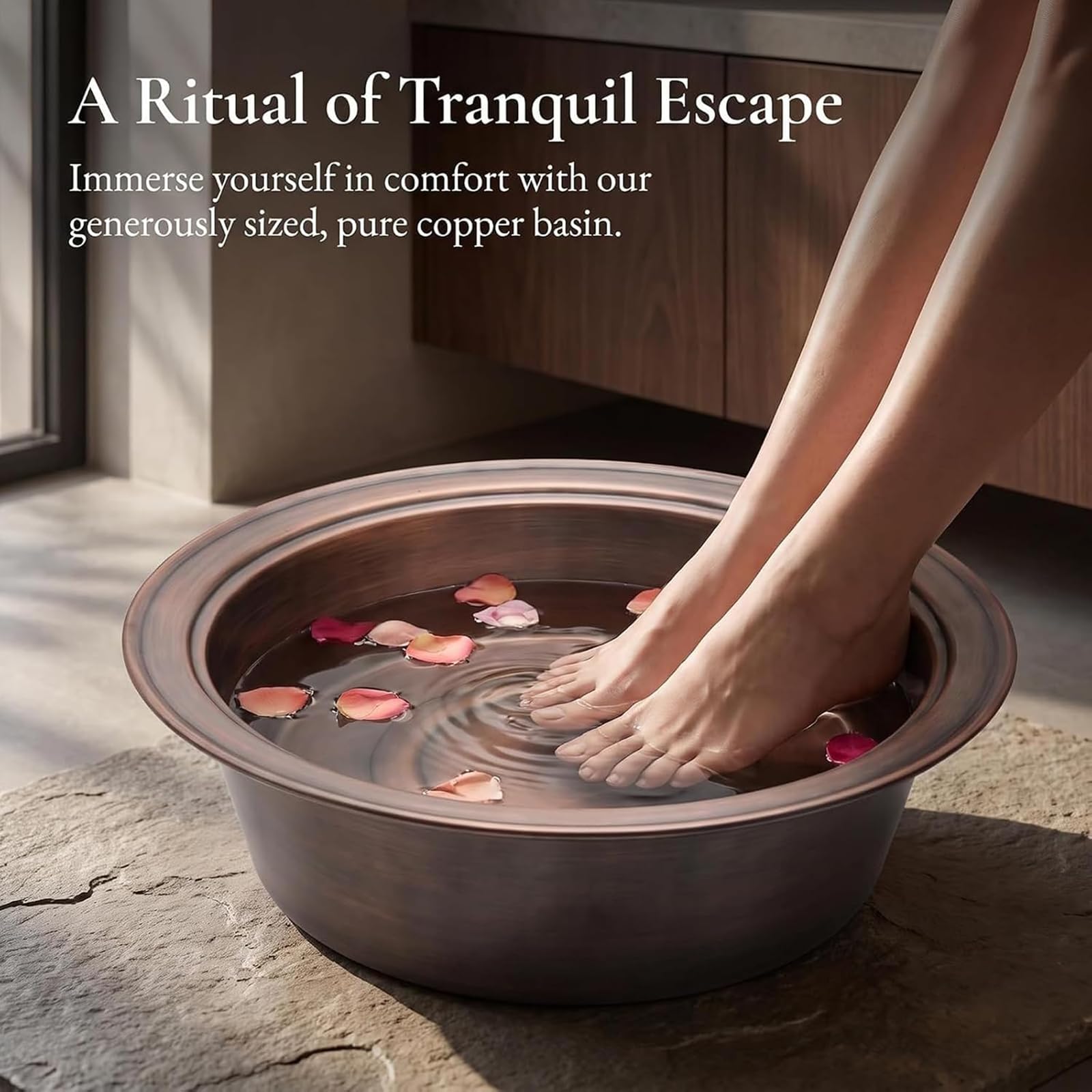 Tina de Cobre Puro de 16 Pulgadas para Baño de Pies, Recipiente Tradicional Martillado para Pedicura; Ideal para Baños Relajantes, Pedicuras, Rutinas de Bienestar y Uso en SPA Doméstico