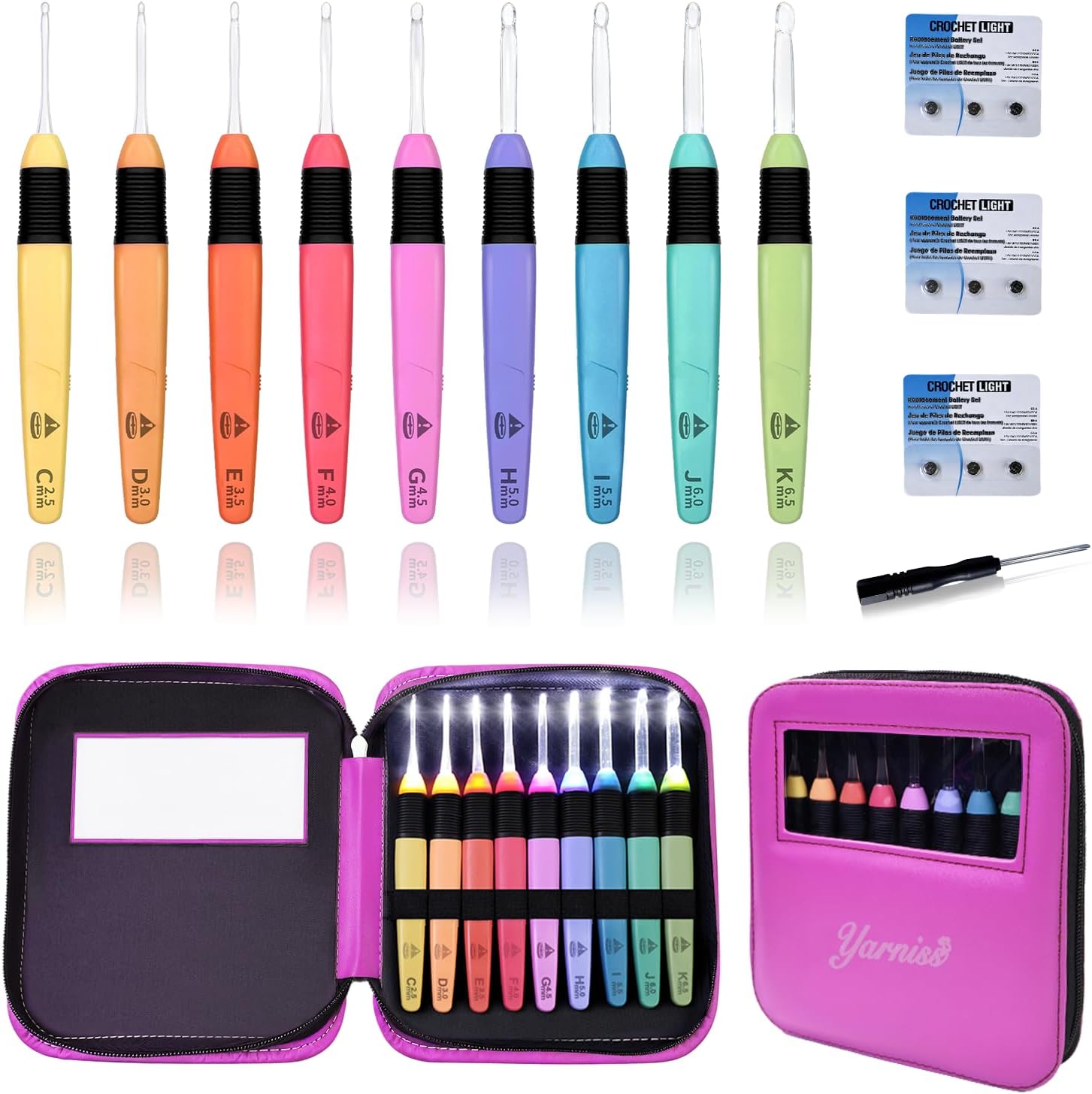 Yarniss Led Light Crochet Hooks Set with Case,9 Size Light Up Crochet Hooks 2.5mm~6.5mm Include Battery，Ergonomic Glow in Dark Handles