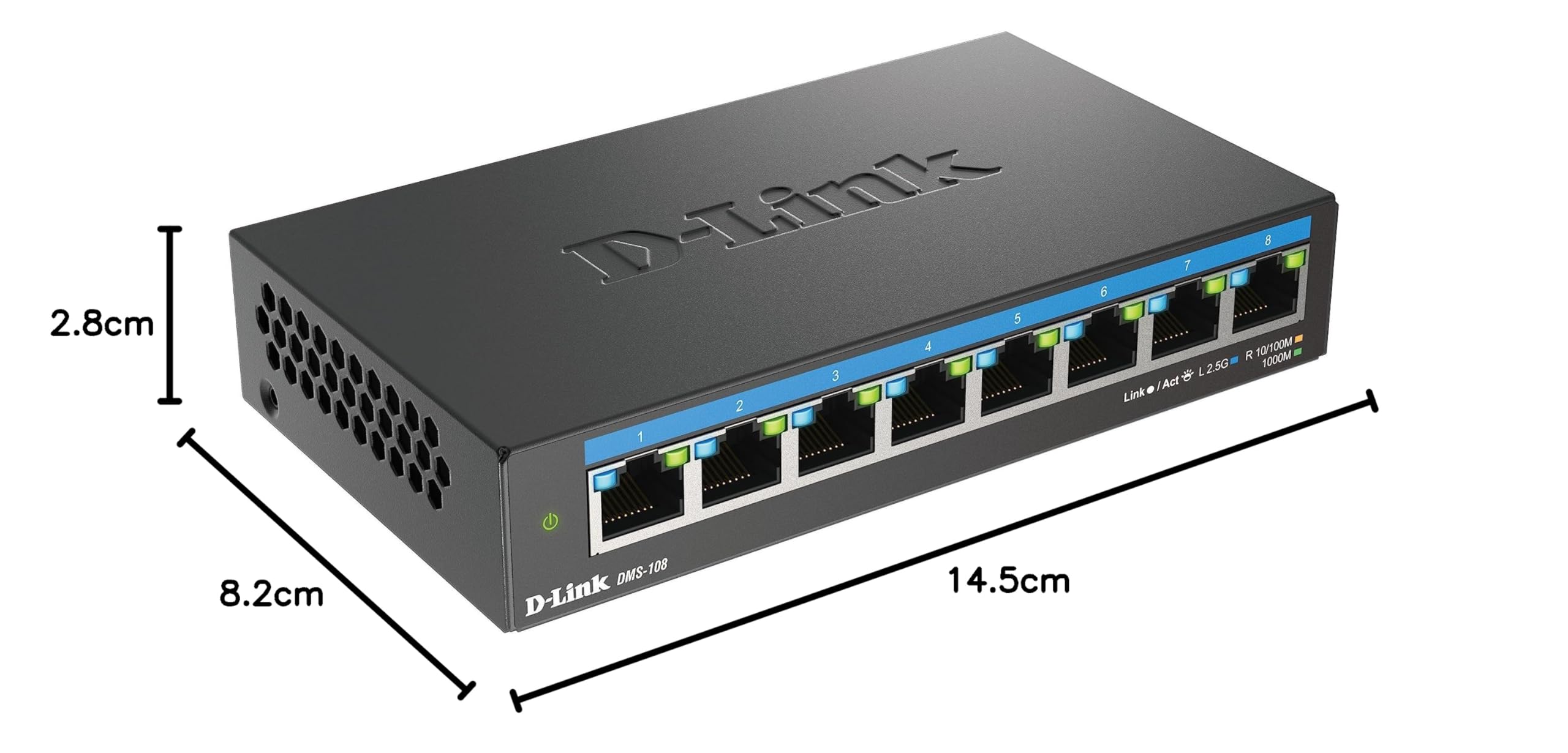 D-Link DMS-108 Switch non gestito multi-gigabit a 8 porte con otto porte da 2.5 G, senza ventola, compatto, struttura in metallo, QoS, Plug and Play