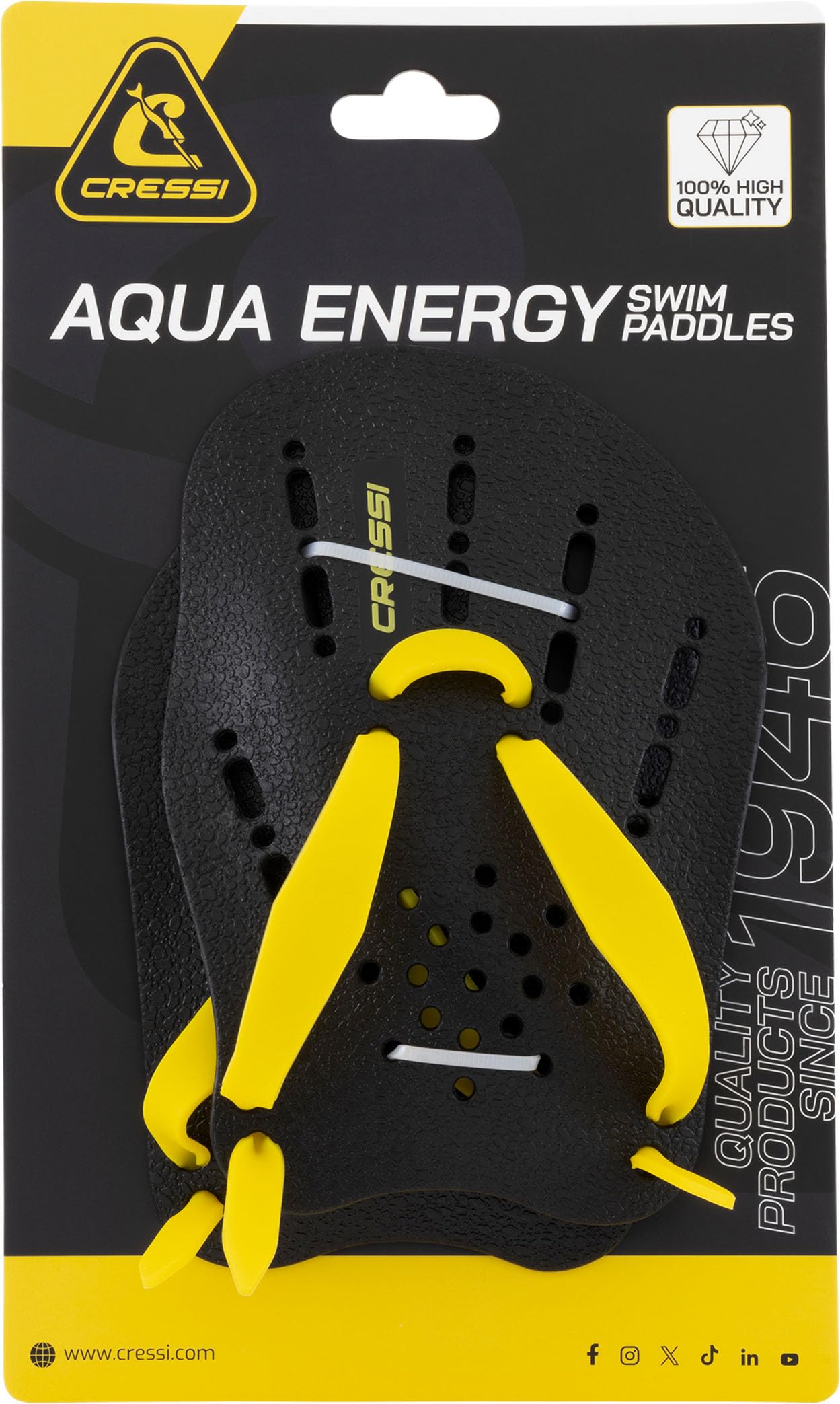 Paletas De Natación Cressi Aqua Energy Talla M - Entrenamiento Fuerza, Agujeros Drenaje, Negro/Amarillo