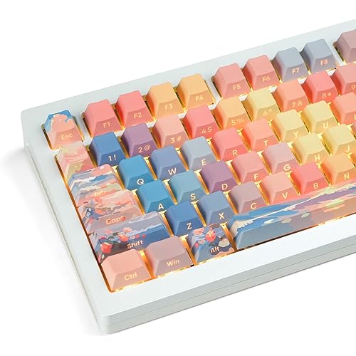 dagaladoo Shine Through keycap Set,Double Shot PBT keycaps 60 75 Percent,dye sub Custom Key caps,Side Printed,Blue/Orange,Cherry Profile Keyboard caps for Machine Keyboard(Sunset)