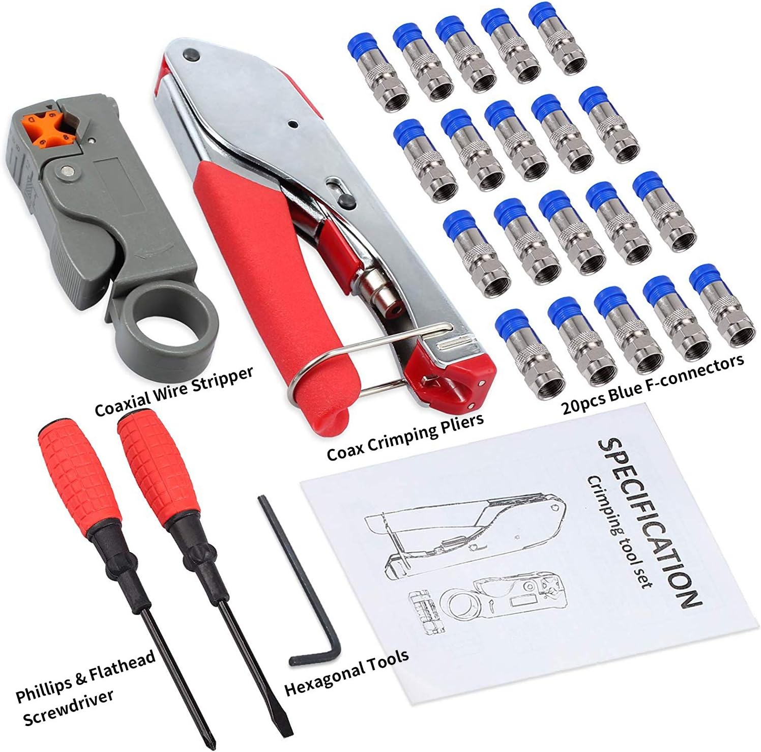 Exclusive Discount 60% Price Coax Cable Crimper Kit Tool,Justech Coaxial Compression Tool with Wire Stripper,20 PCS F RG6 RG59 Compression Connectors, 2 PCS 3 Screwdriver