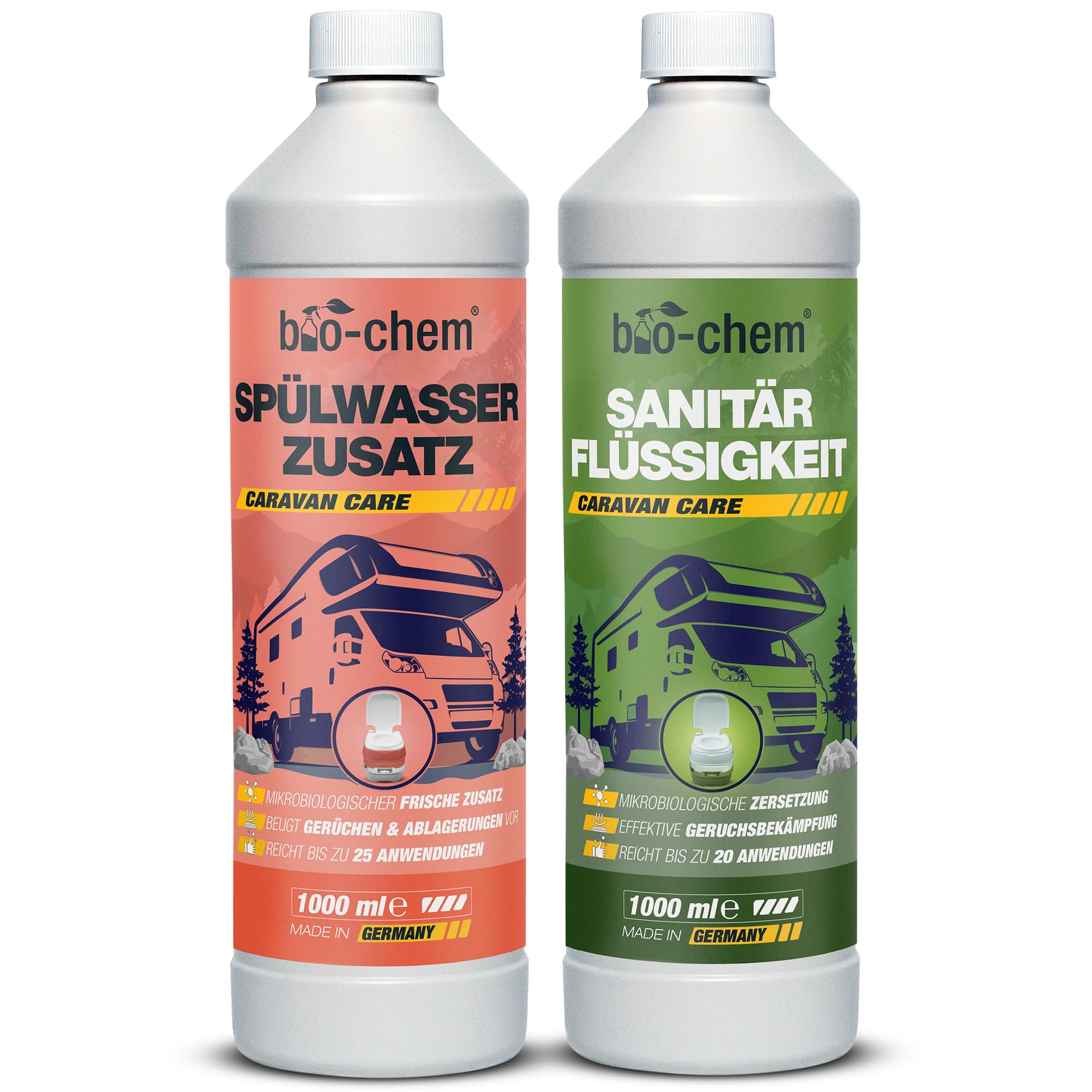 bio-chem Campingtoiletten-Zusätze: Mikrobiologische Sanitärflüssigkeit 1 L + Spülwasserzusatz 1 L inkl. Dosierbecher – Sanitärzusatz für Campingtoilette, Mobile Toilette, Chemietoilette – Made in GER