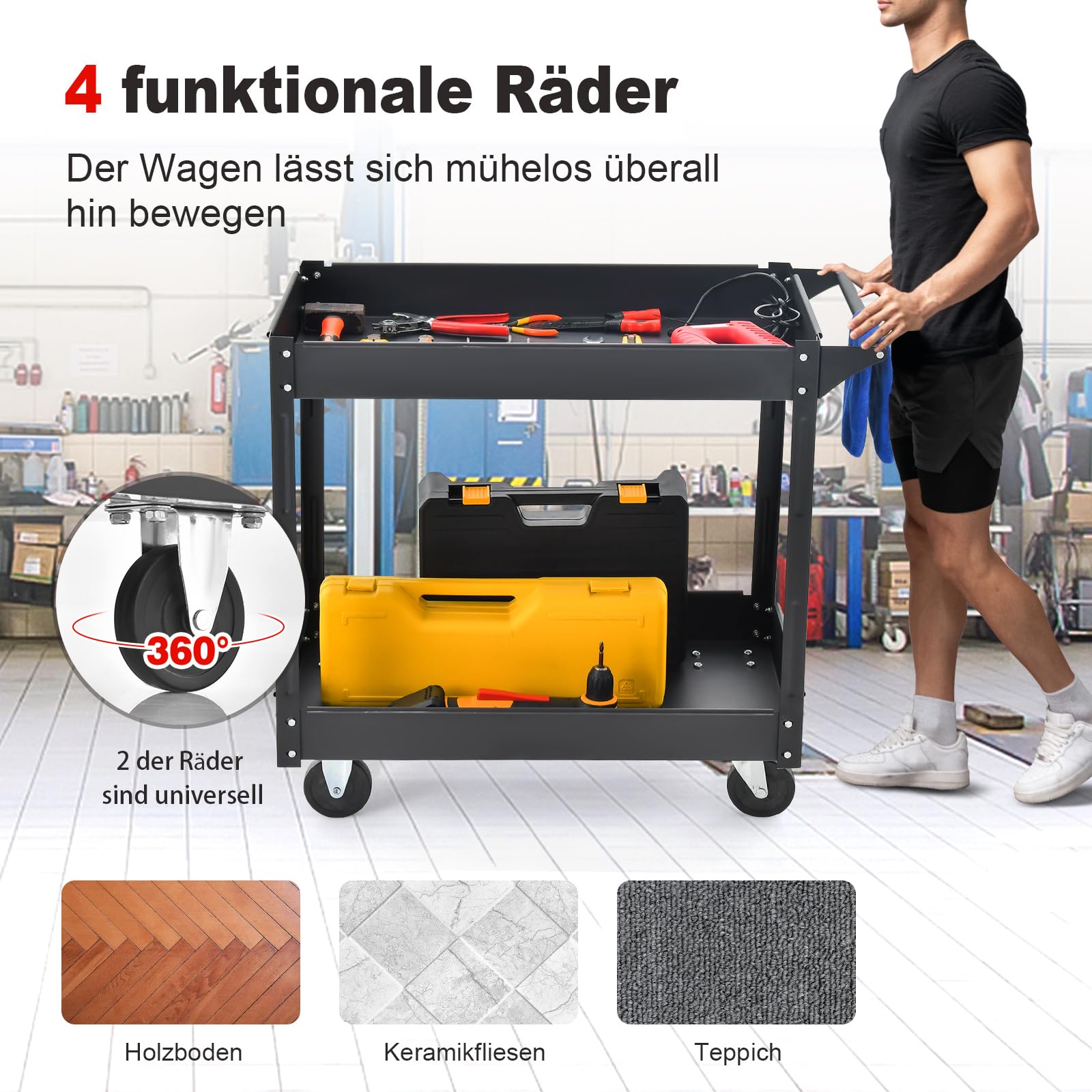 COSTWAY Werkstatt-Rollwagen mit 2 Etagen, Werkzeugwagen mit Handgriff, Werkstattwagen aus Metall, bis zu 100 kg belastbar, Montagewagen Etagenwagen für Zuhause, Garage, 85 x 41 x 79 cm (Schwarz)