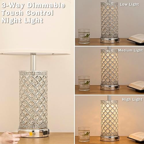 Miniatura 2 de Juego de 2 lámparas de mesa de cristal, lámpara de noche regulable de 3 vías con 2 puertos USB y salidas de CA para sala de estar, dormitorio,