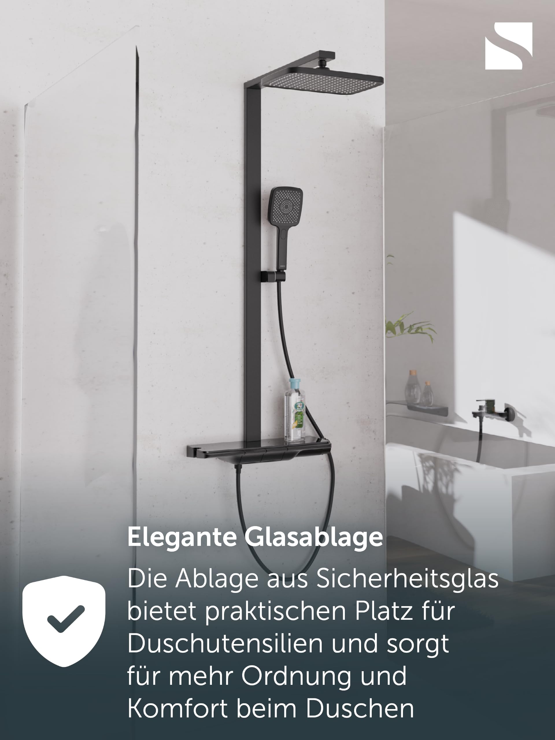 Schütte HAWAII Duschsystem mit Thermostat und Glasablage, Duschset mit 30x20cm Kopfbrause, Regendusche mit Wandhalterung und Duschkopf, Duschpaneel Duschsäule, Schwarz