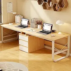 Mesa para duas pessoas com 3 gavetas, grande mesa dupla de estudo, mesa de madeira para jogos para 2 pessoas, mesa de trabalho dupla, para escritório em casa, natural, 240 cm