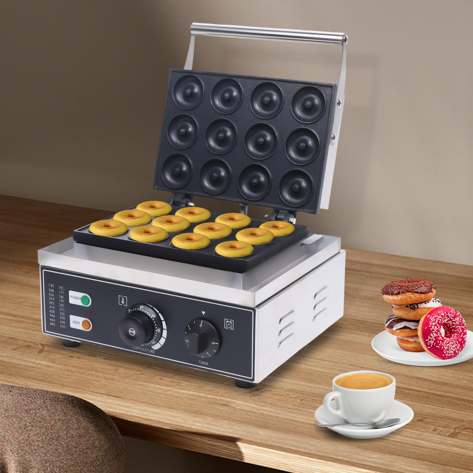 Electric Donut Maker, 12 Holes Commercial Donut Machine, 1550W Double-Sided Heating Waffle Machine, Temperature 122-572?, for Restaurant & Home Use