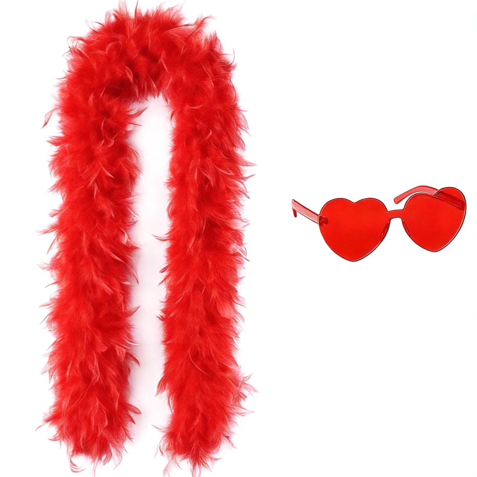 Moorlan Red Feather Boa 2m with Heart Rimless Sunglasses, Soft Turkey Feather Scarf for Women, Perfect for Dancing, Wedding, Hen Party, Halloween, Christmas, Cosplay and Photo Props — image 1