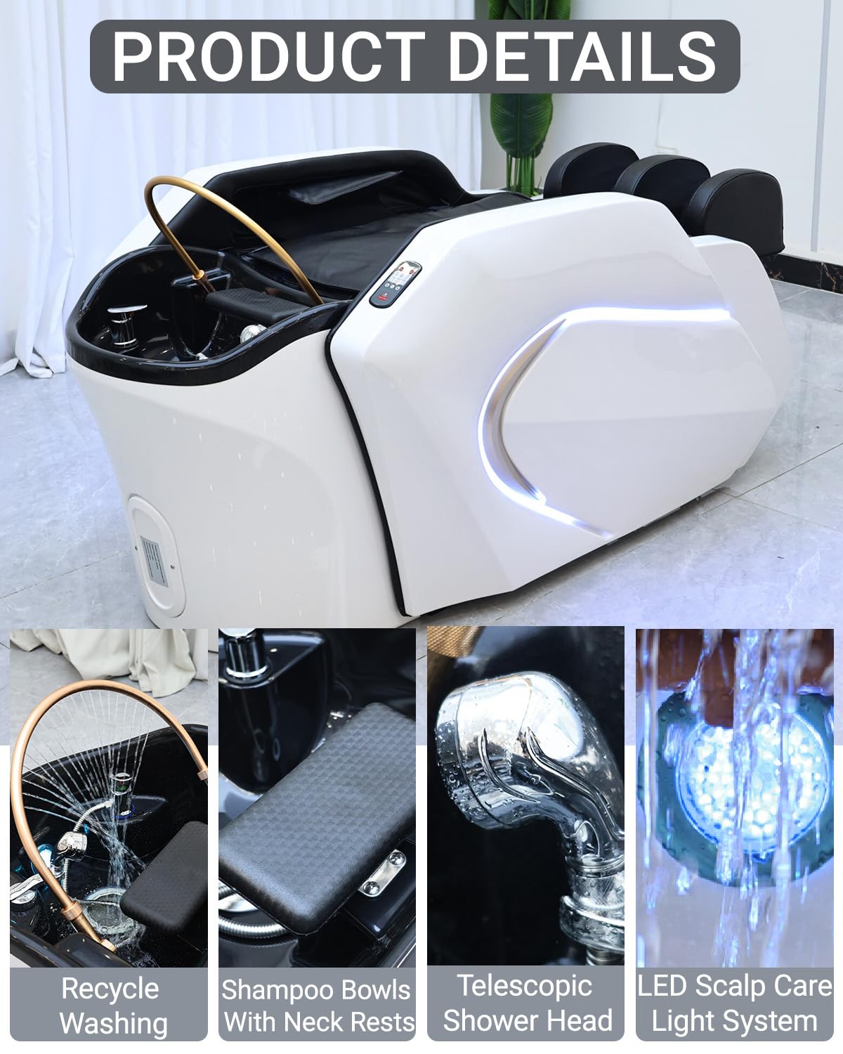 Lettino per massaggio elettrico con luce ambientale e cascata per la testa - Vaporizzatore per capelli intelligente, lettino per massaggio completo del corpo