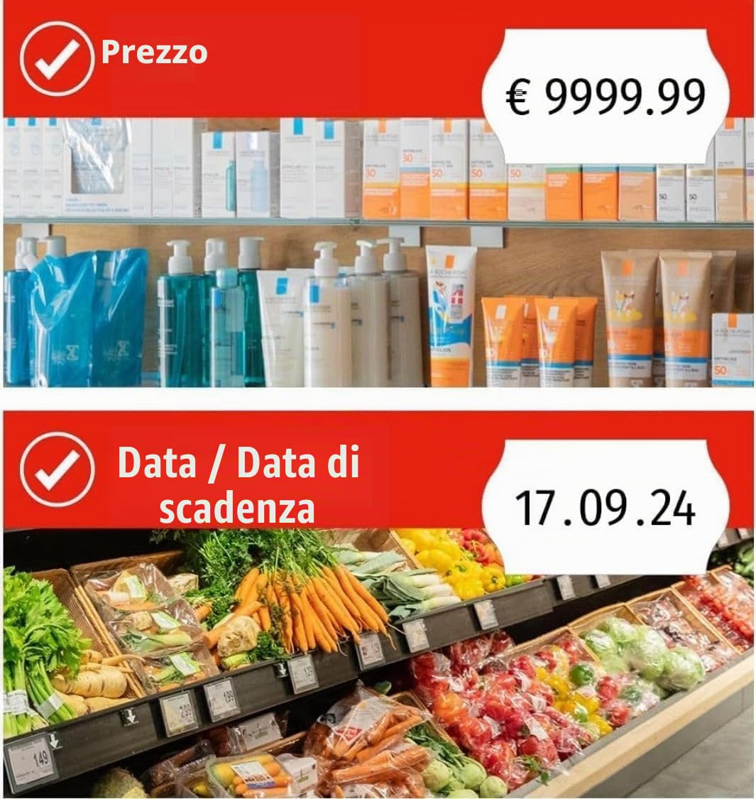 Meto Basic S Starter Kit Con 11.000 Etichette - Prezzo, Data, MHD (1 Riga, 8 Cifre per 22 x 12 mm), Pronto per l'Uso, 11 Rotoli