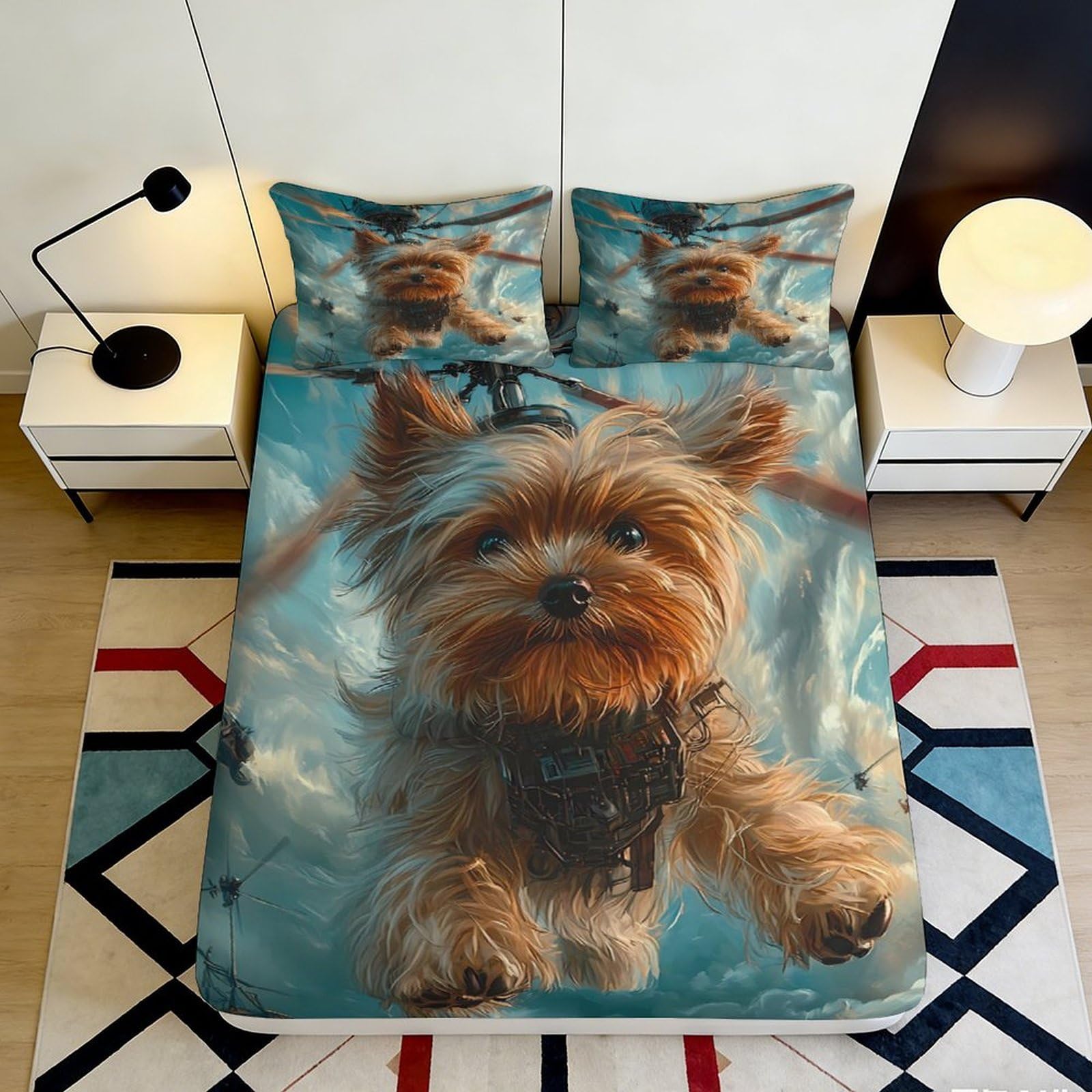 3D Printed Yorkshire Terrier Fitted Sheet Microfiber Soft Breathable Dog Art Bed Cover for Bedroom Dorm Decor 90x200x25cm