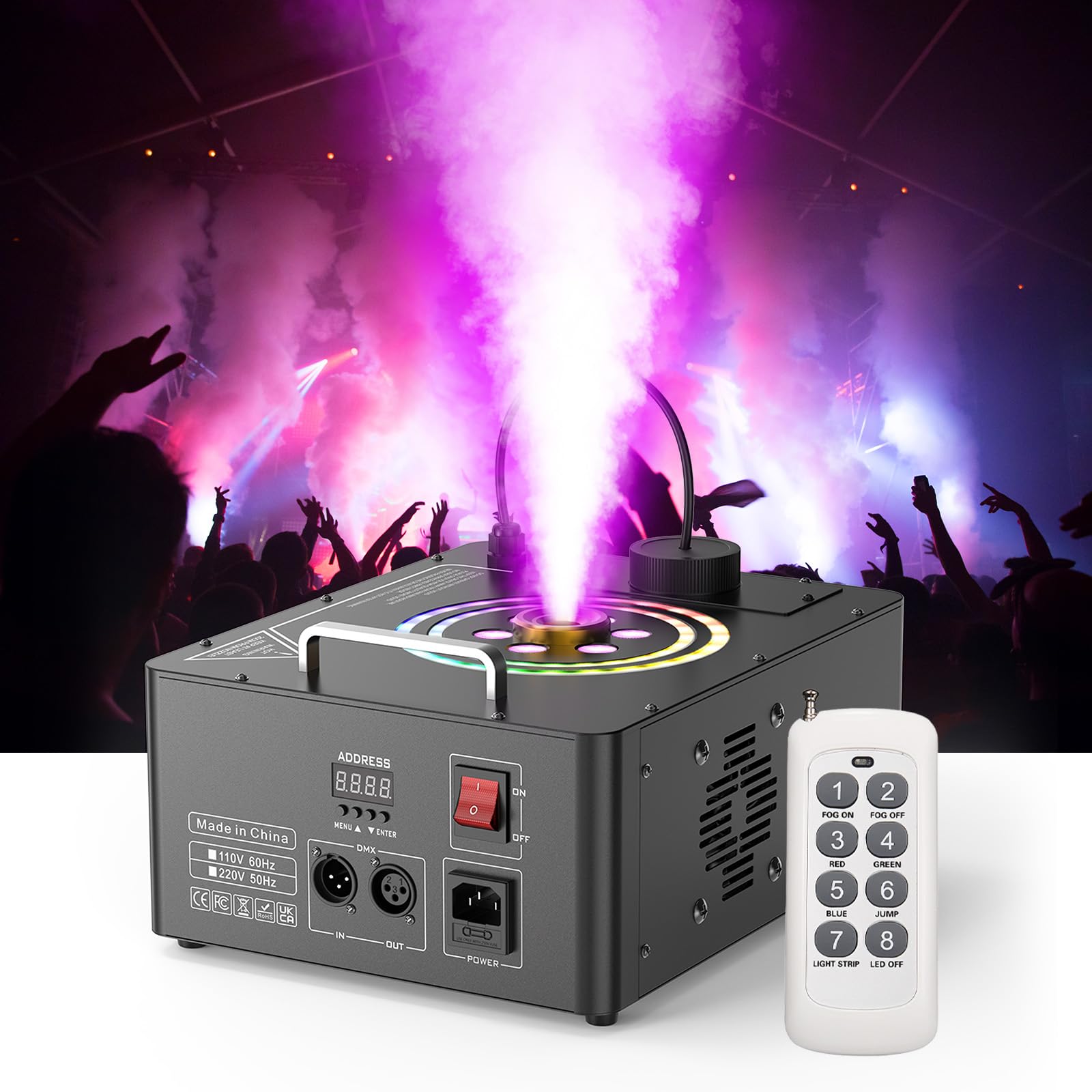 1500W Nebelmaschine mit Fernbedienung, Wash 6 RGB LED Stroboskop Lichteffekt Rauchmaschine 3000 CFM/Min DMX512 Mini Smoke Machine für Halloween Hochzeiten Bühnenauftritte Party