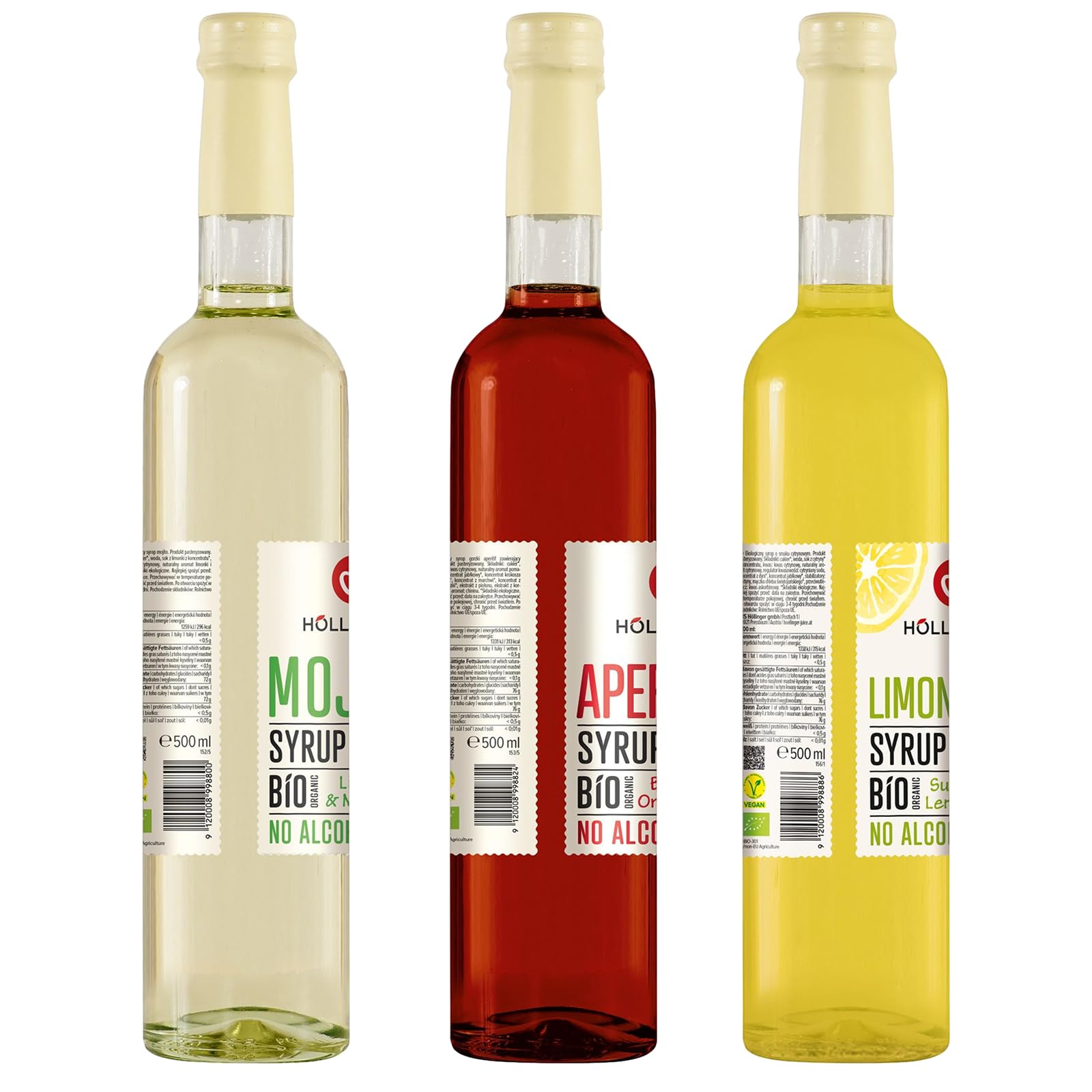 Höllinger Lot de 3 Sirops Bio Sans Alcool, Mojito Citron Vert & Menthe, Aperitivo Orange Amère, Limoncello Citron, 500ml Chacun, Ratio 1:9
