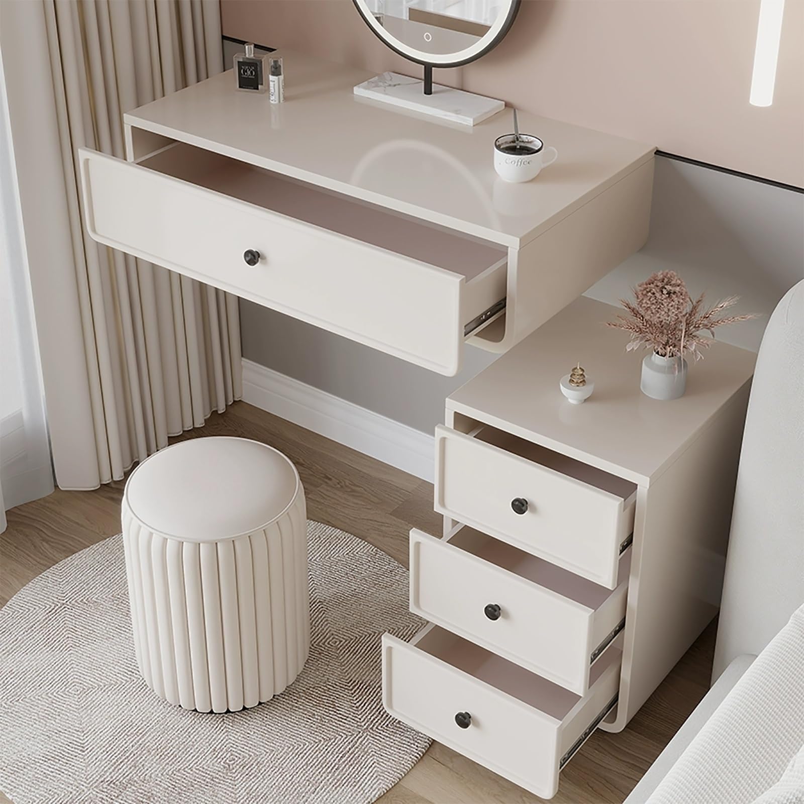 Tavolo da trucco galleggiante moderno con armadietto laterale e sgabello, postazione trucco da parete con specchio e illuminazione, per camera da letto (60 cm)