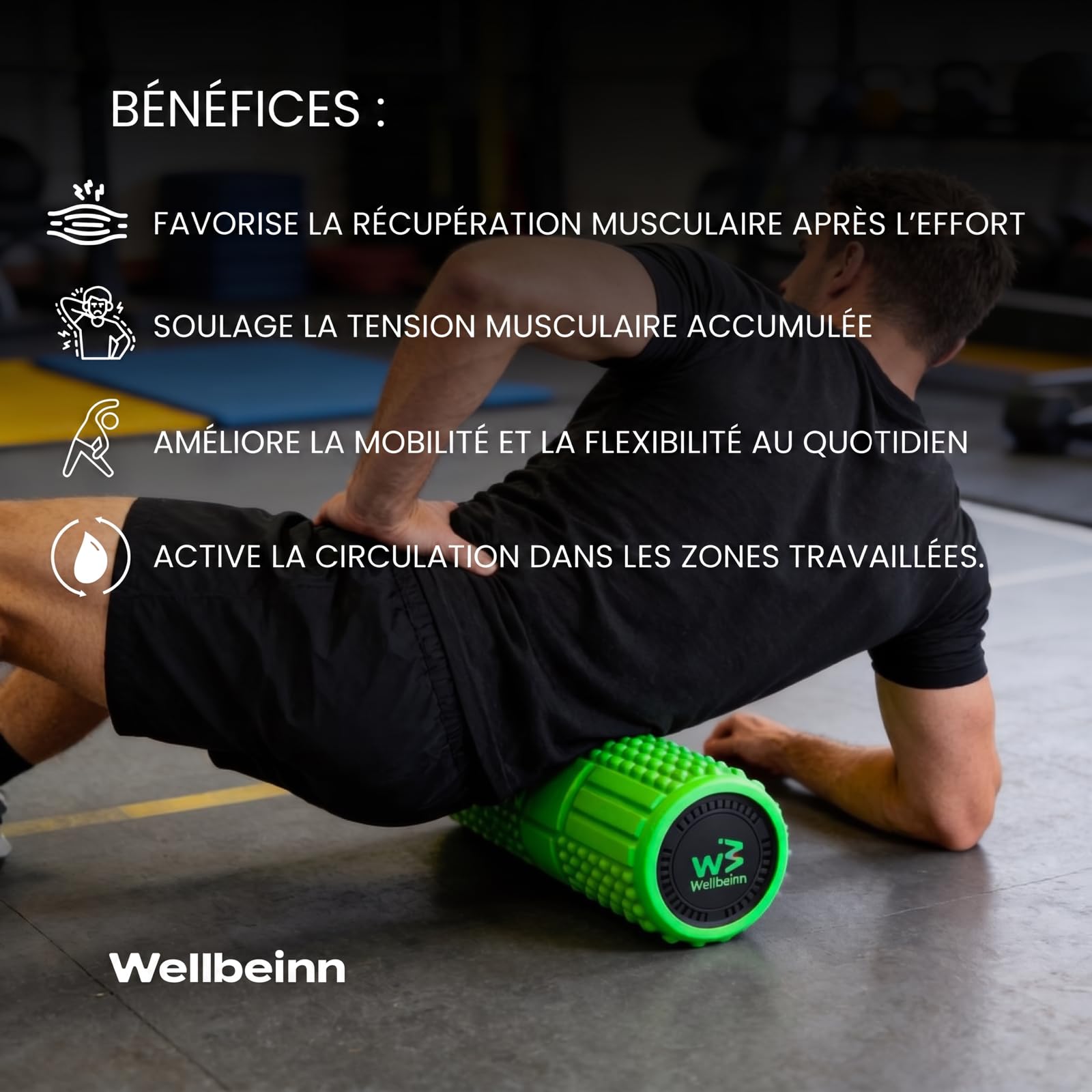 WELLBEINN Rollinn con vibrazione regolabile | Rullo di massaggio muscolare | Rilascio miofasciale tessuto profondo | recupero fitness, yoga e palestra | schiena, gambe e glutei