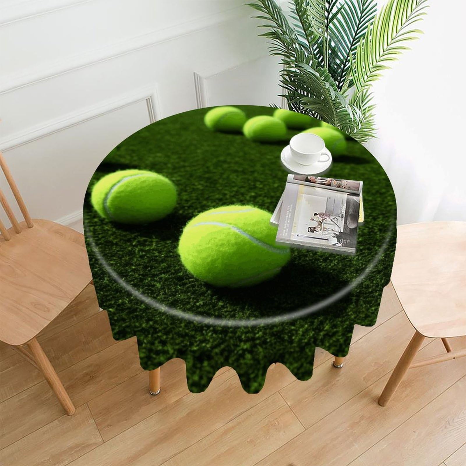 FodPand Tennis Balls on Tennis Grass Court Round Tablecloth - 60 Inch Premium Polyester Table Cloth, Fashion Wrinkle Resistant Decorative Table Cover for Dining Kitchen Party Buffet Tables