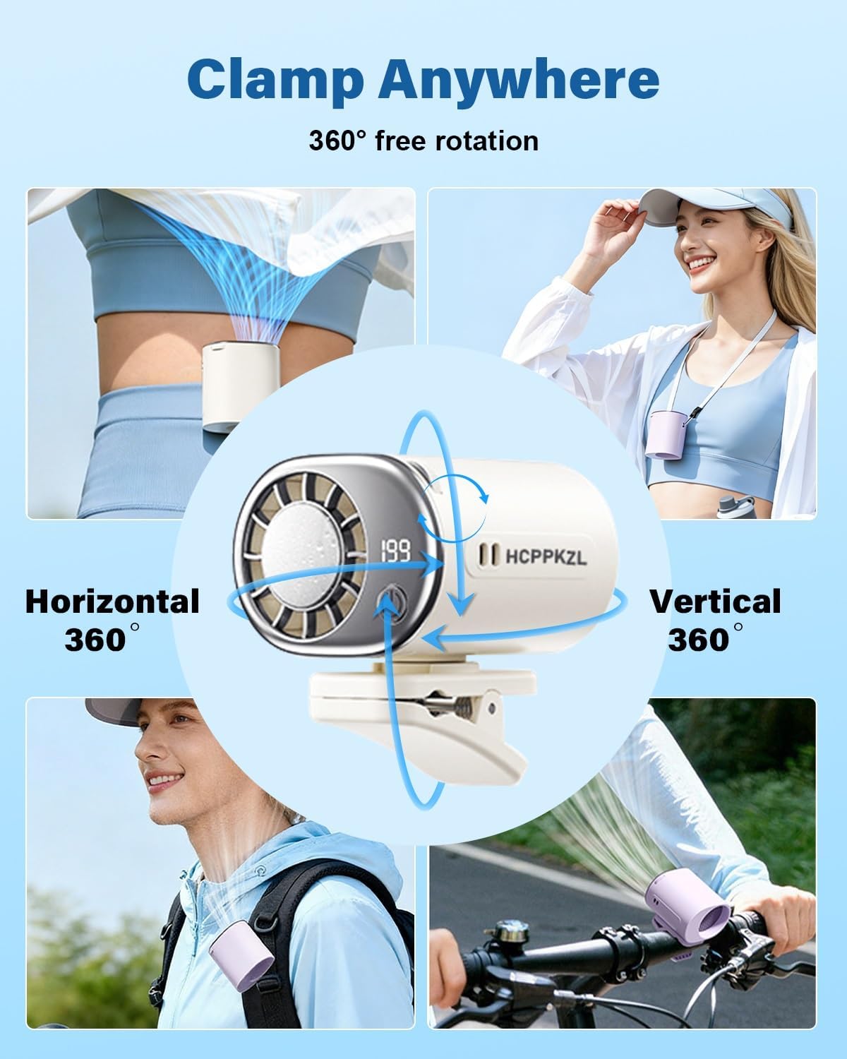 2026 Car Clip on Air Conditioner Fan with LED Display Portable Mini Cooling System 360° Rotation Adjustable 200 Speeds Rechargeable Handheld Gadget 16℃ Semi Wide Clamp for Vehicle Shirt Waist(Gray)