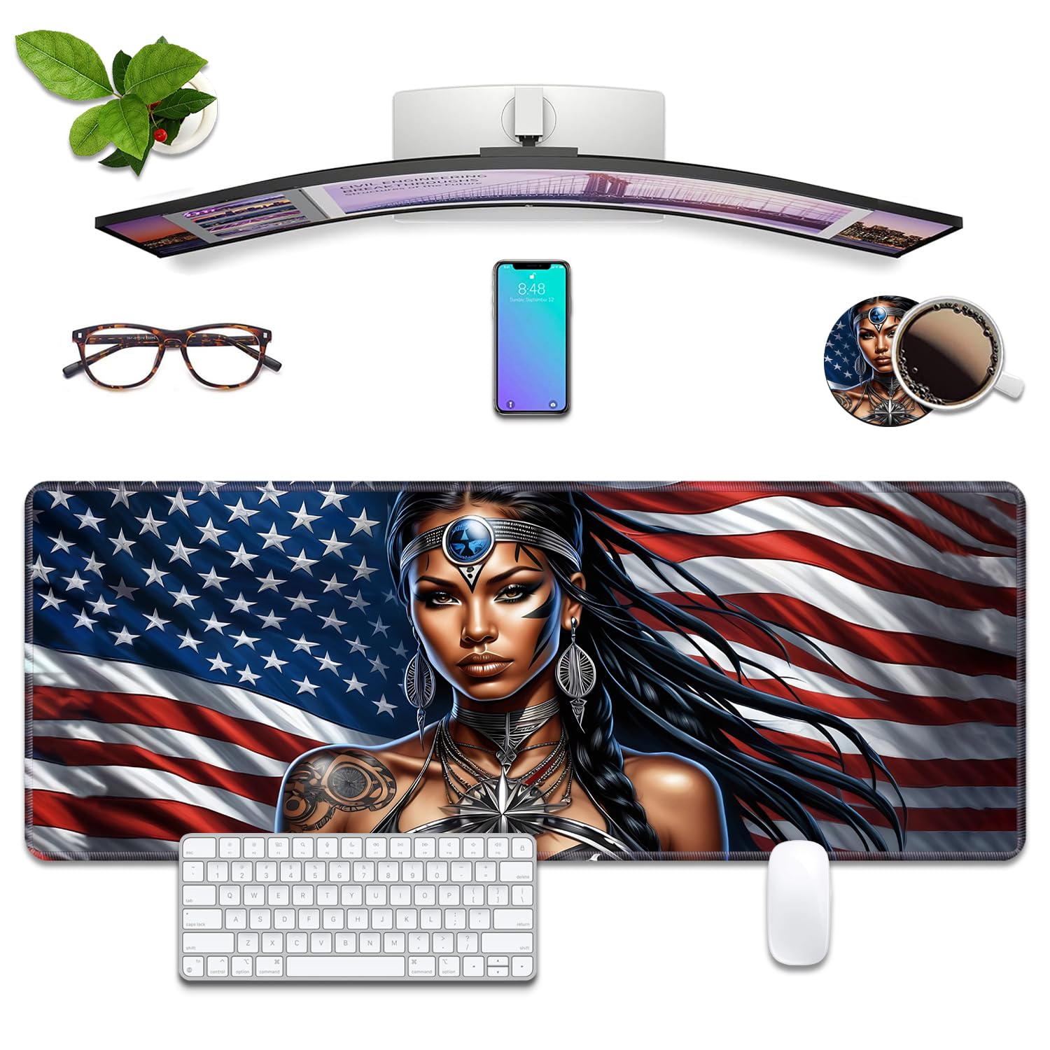 Alfombrilla de escritorio con diseño de bandera americana con posavasos, tamaño XL, grande, extendida, para escribir, bordes cosidos, base de goma antideslizante para trabajo, juegos, oficina, hogar,