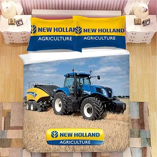 ZKDT Tractor Combine Harvester Bed Linen Set, 3-Piece, 1 Blue Tractor Duvet Covers 200 x 200 cm + 2 Pillowcases 50 x 75 cm, Tractor Farm, Blue