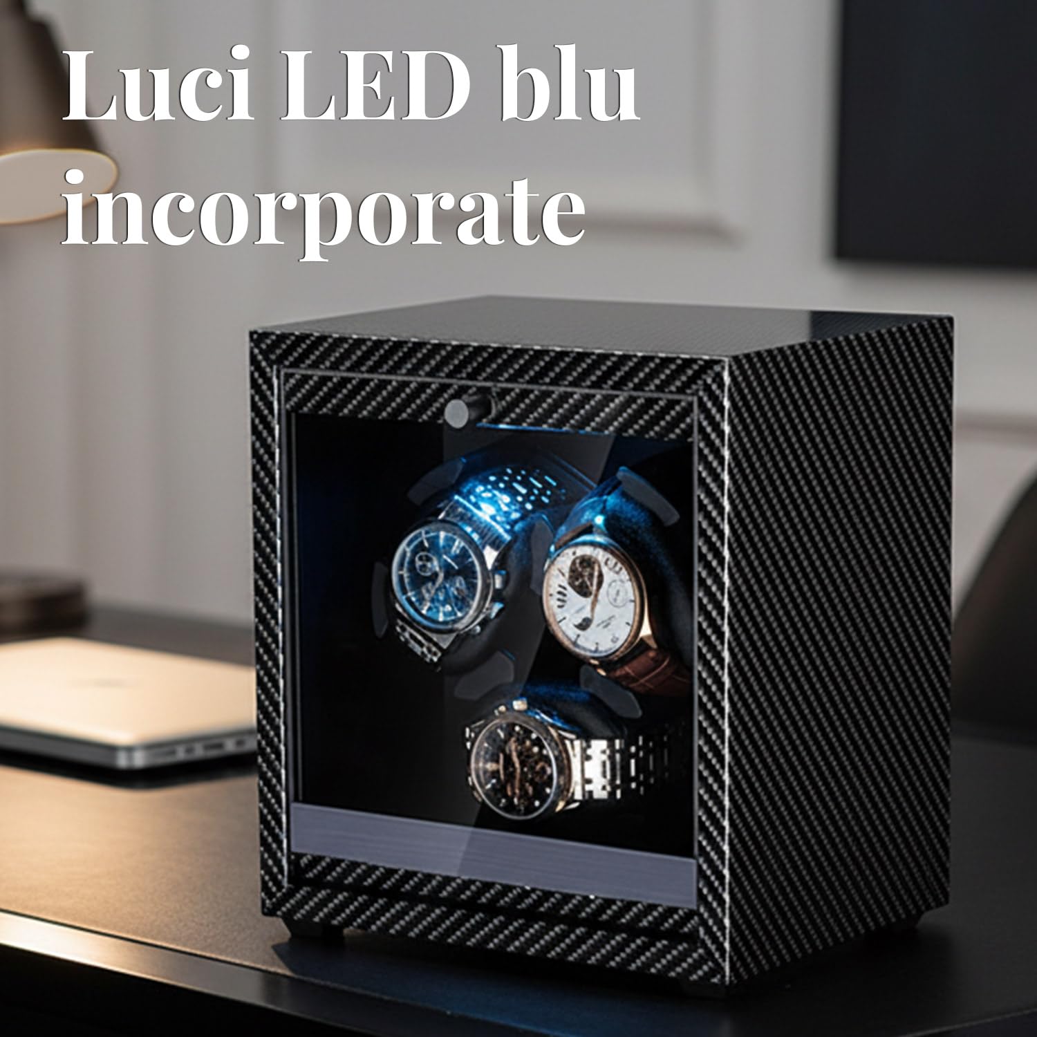 Mcbazel Scatola Per Carica Automatico Per Orologi Ultra Silenziosa, 4 Modalità di Rotazione con Luce LED Blu, Scatola Programmabile per 3 Orologi, Custodia Per Orologi Alimentata da USB con Foam