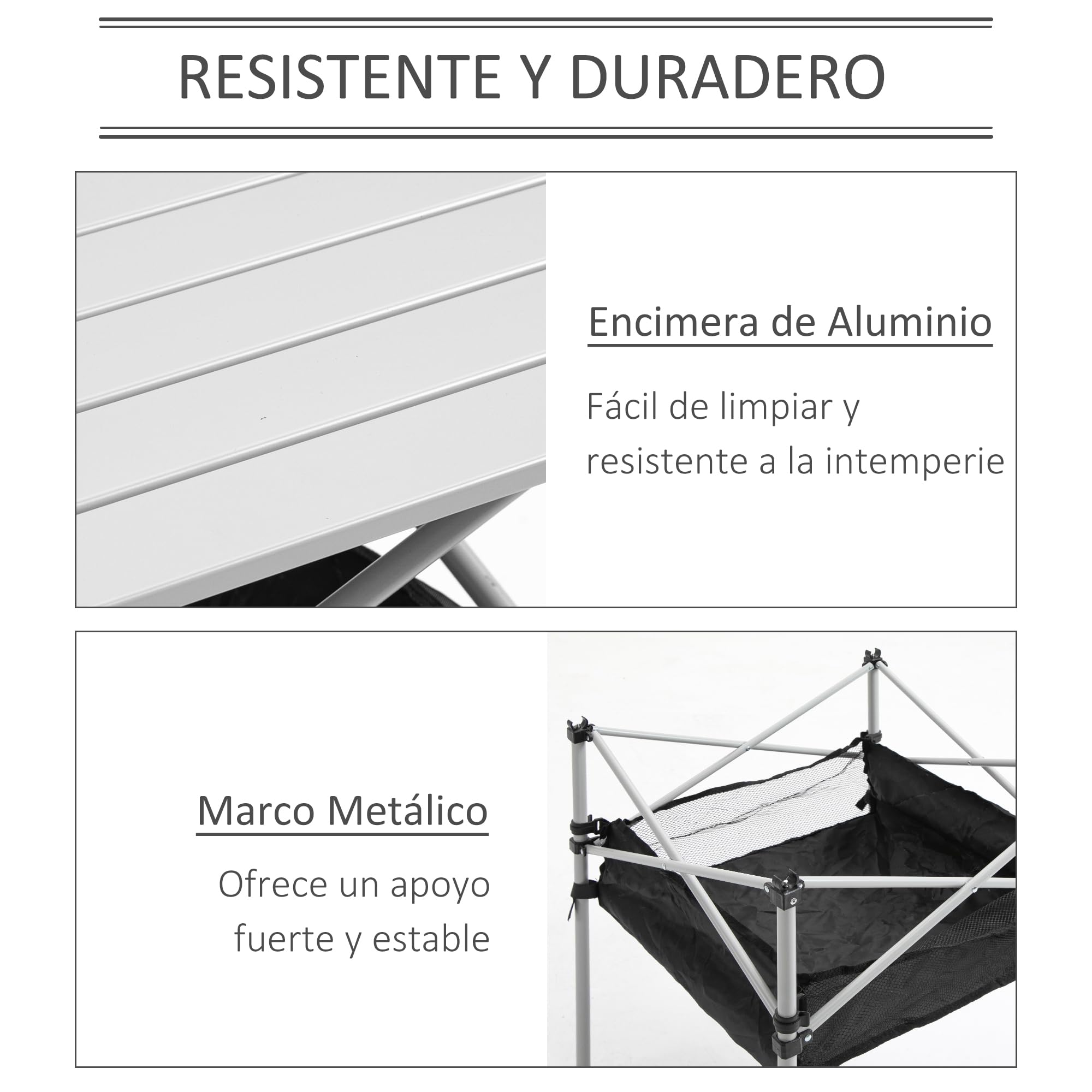 Outsunny Mesa de Camping Plegable Mesa Plegable Portátil Multifuncional con Espacio Almacenaje de Malla y Bolsa de Transporte para Jardín Balcón Patio Exterior 70x70x69 cm Plata