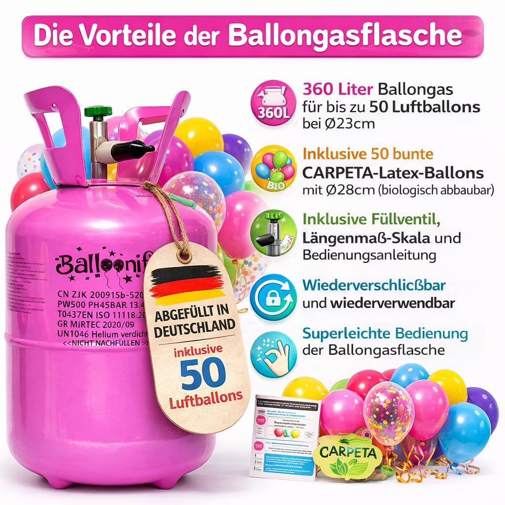 BALLONGAS FÜR 50 Luftballons + 50 Ballons + FÜLLVENTIL | Helium Einweg Flasche Luftballon Folienballon Deko Geburtstag Party Hochzeit