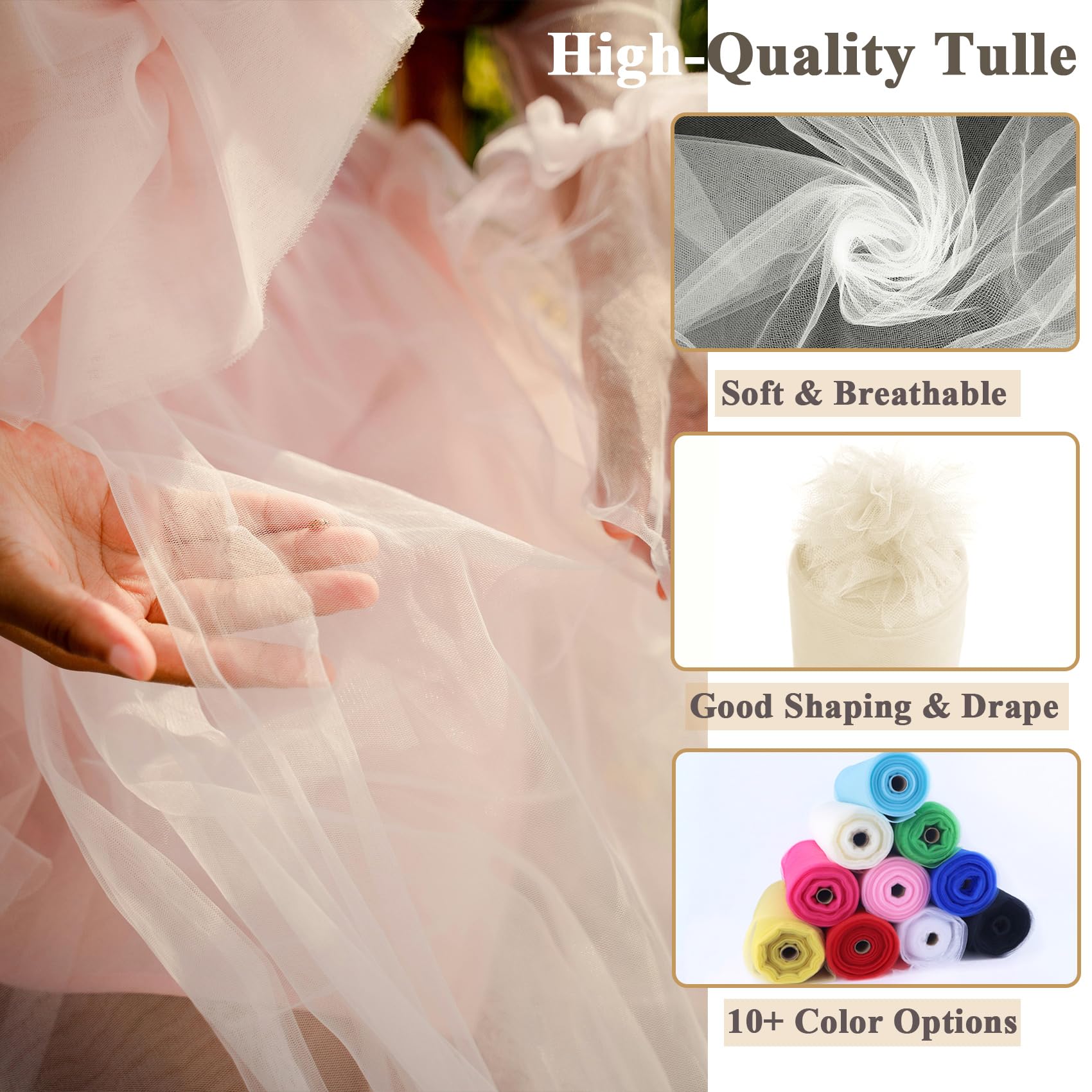 Rollos de tela de tul marfil de 54 pulgadas x 10 yardas, perno grande de malla para bodas, red de jardín, falda tutú, decoración de fiestas y suministros de manualidades