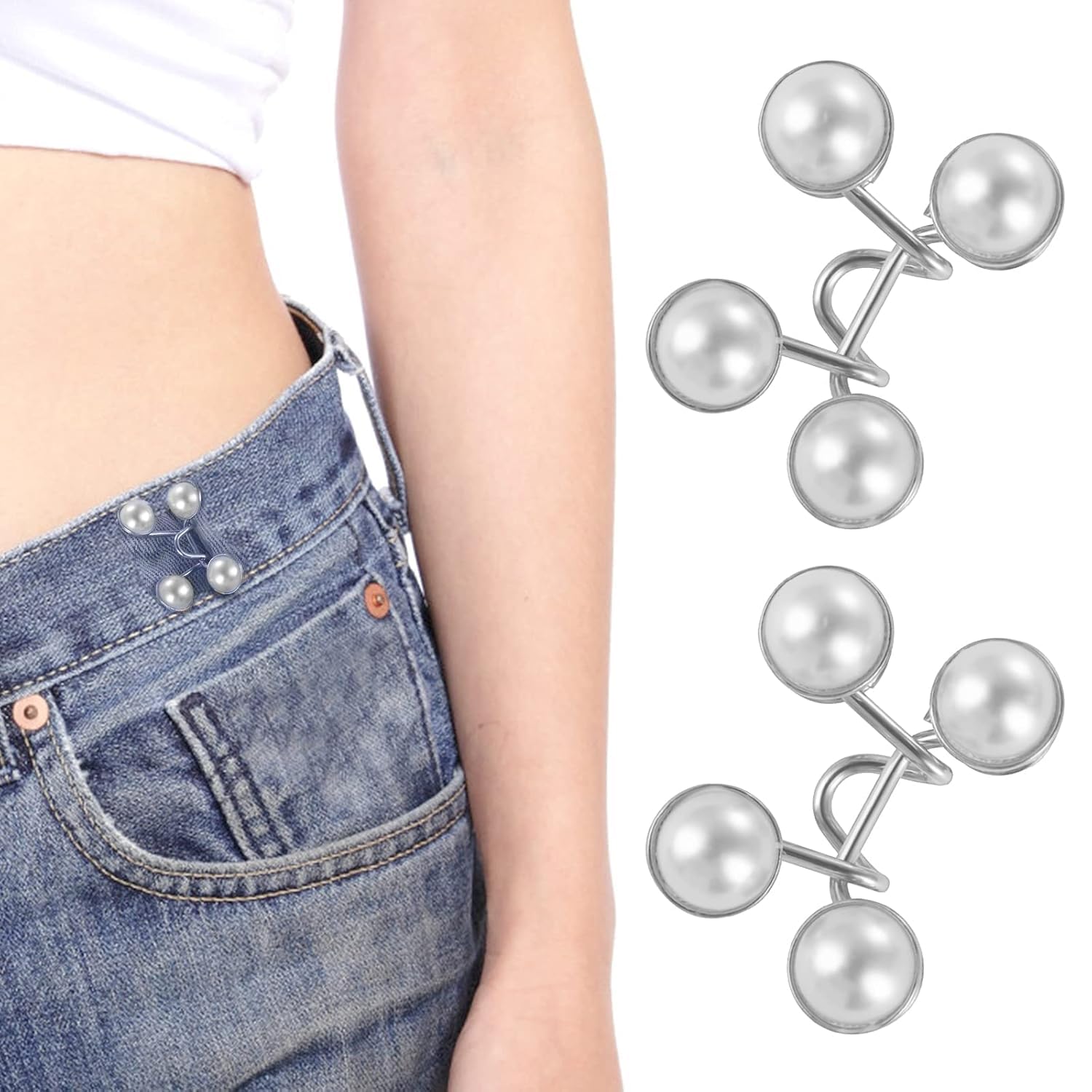 TAGPR Adjustable Waist Buckle for Loose Jeans Pants Pearl Detachable Instant Button Pins Tightener Fit Skirt Robe Tightening Extender Skirts Jean Teddy Clips