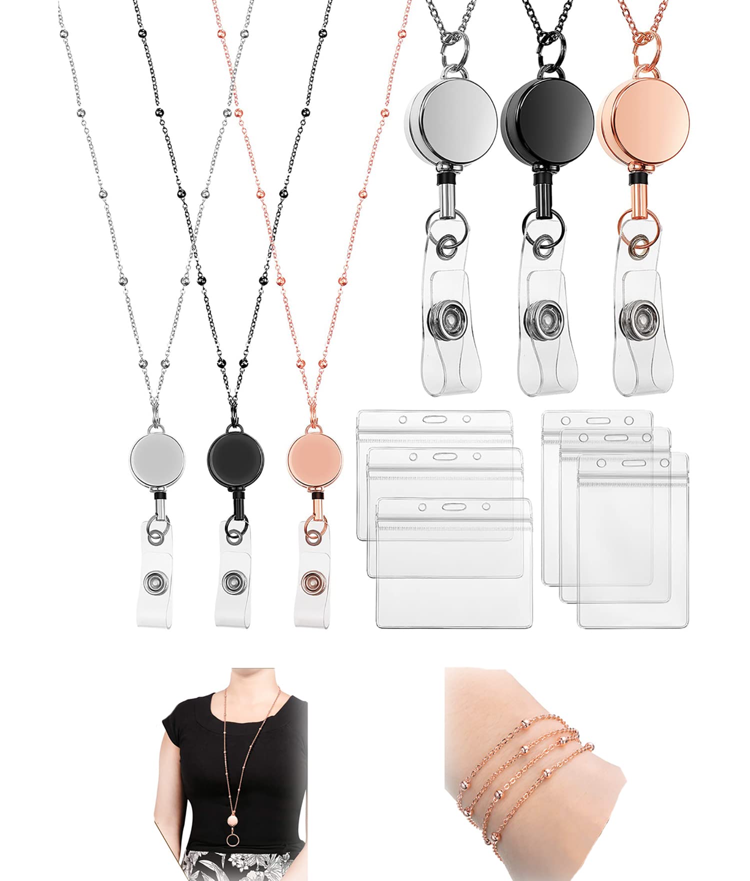 Sweet seven 3 Sets of Beaded Lanyards, Waterproof Name Badge Holder Clip Stainless Steel ID Badge Necklace Set, for Office Women and Men (Rose Gold, Black, Silver)